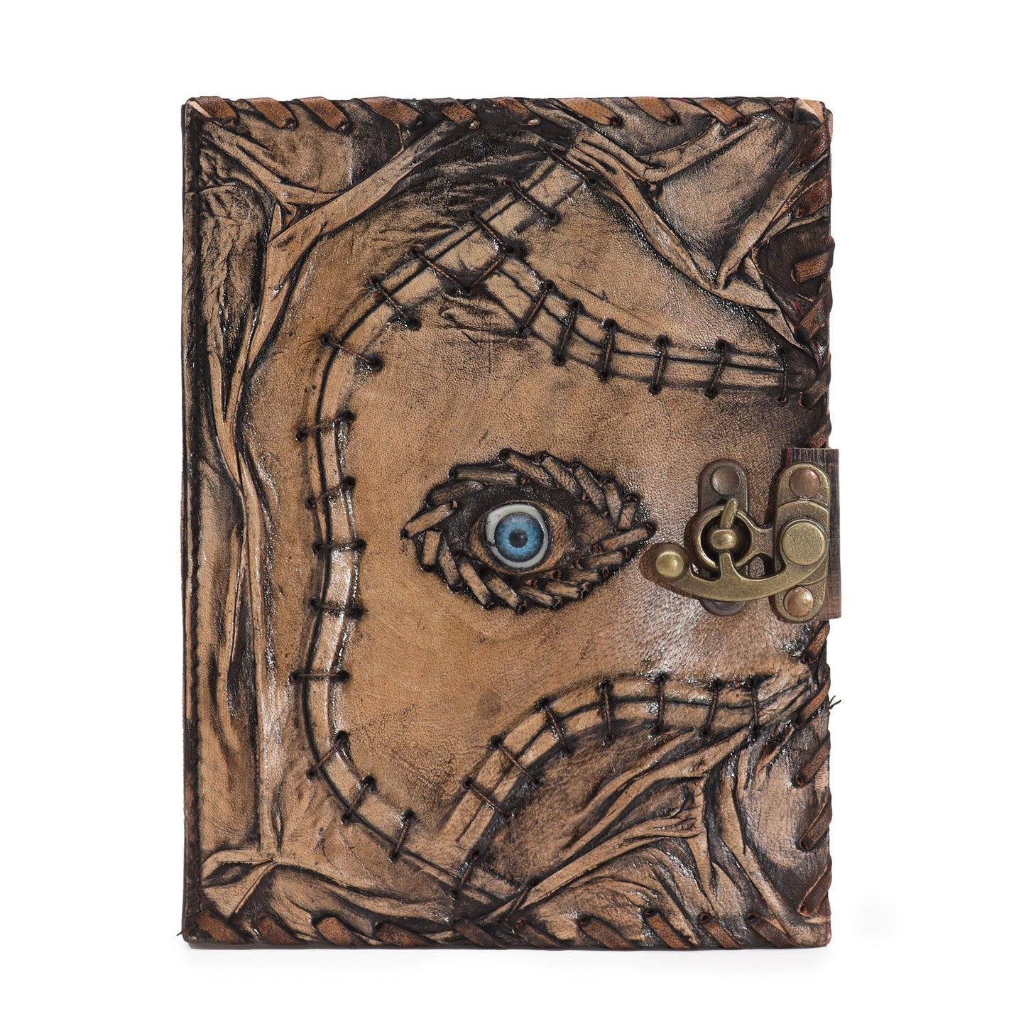 Large Tan Leather Notebook - Evil Eye - 160 Deckle-Edged Pages, central blue eye, embossed patterns and decorative clasp, by Quintessential Holistic Health Ltd