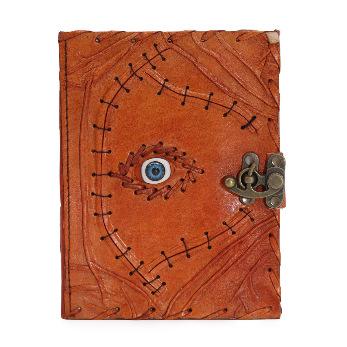 Large Light Brown Leather Notebook – Evil Eye, Deckle Edge, closed with black stitching, an eye motif and metal clasp, by Quintessential Holistic Health Ltd