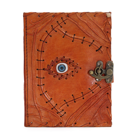 Handmade Leather-Bound Eco-Friendly Deckle Edged Notebook with Metal Clasp - Large - Light Brown - Evil Eye - main product image from Quintessential Holistic Health Ltd UK
