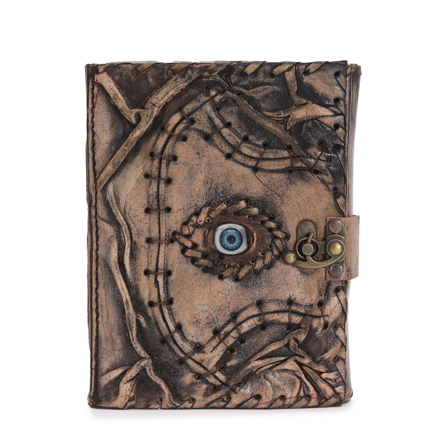 Medium Tan Leather Notebook - Evil Eye - 160 Deckle-Edged Pages, embossed patterns, central blue eye and metal clasp, by Quintessential Holistic Health Ltd