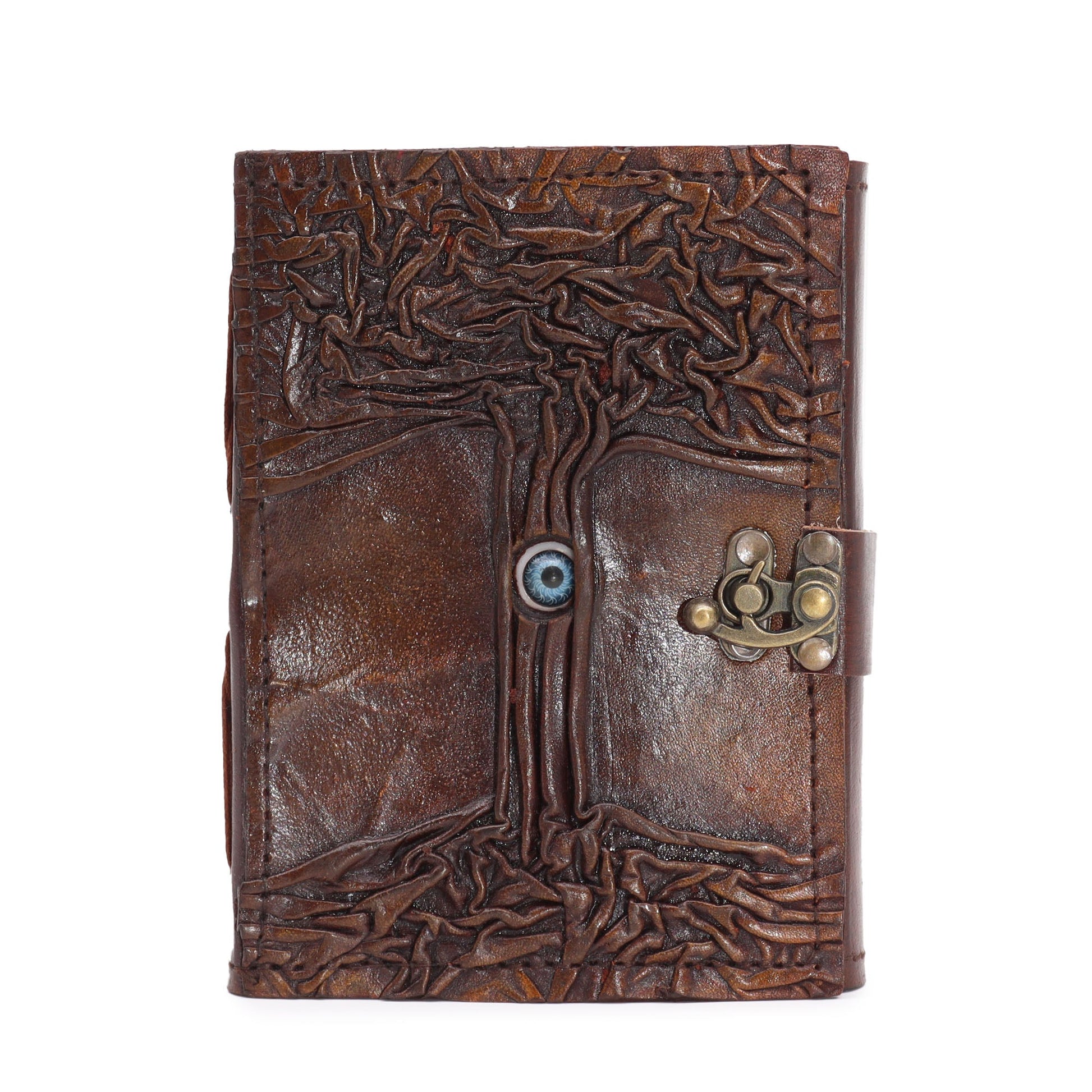 Medium Brown Leather-Bound Notebook - Evil Eye, Clasp & Deckle Edges, closed with an embossed tree, blue eye and metal clasp by Quintessential Holistic Health Ltd