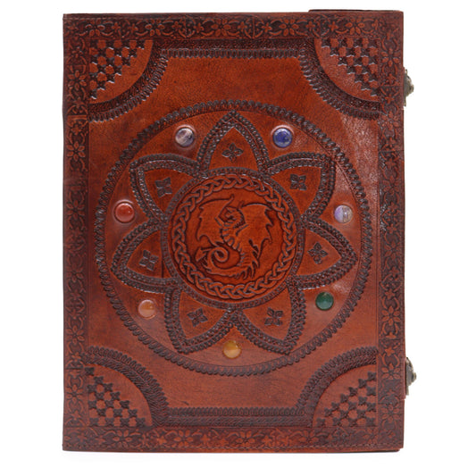 Handmade Leather-Bound Eco-Friendly Deckle Edged Tomb Book with Metal Clasp - Extra Large - Brown - Chakra Stones and Dragon Mandala - main product image from Quintessential Holistic Health Ltd UK