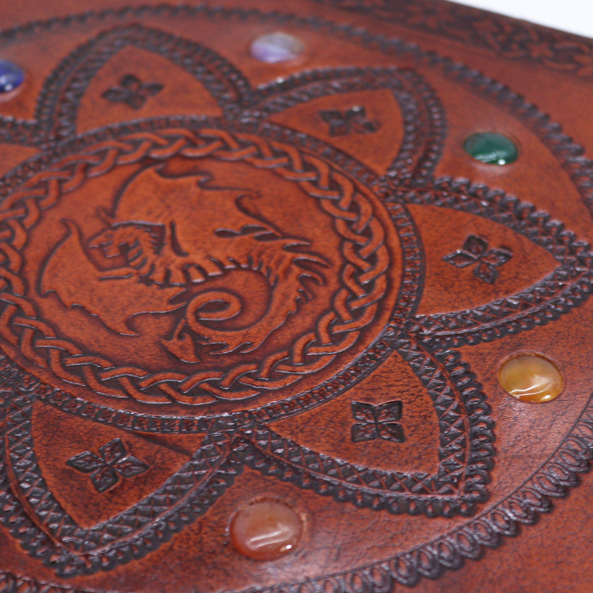 Handmade Leather-Bound - Brown - Chakra Stones and Dragon Mandala showing embossed detail and coloured stones close up by Quintessential Holistic Health Ltd
