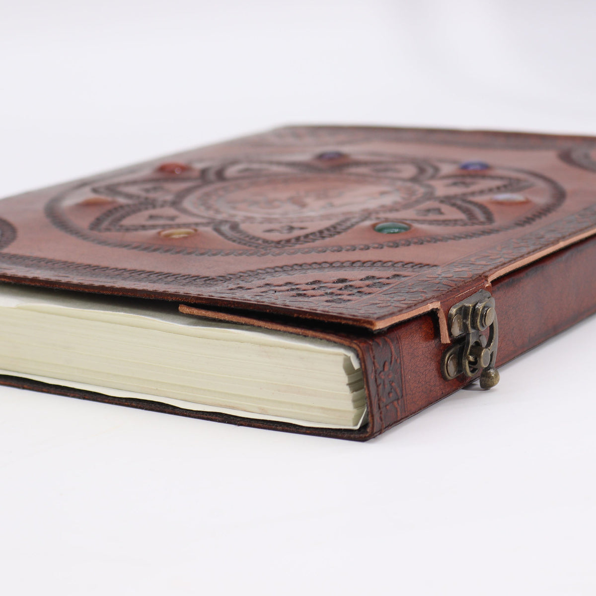 Handmade Leather-Bound - Brown - Chakra Stones and Dragon Mandala showing cream page edges, raised decoration and clasps by Quintessential Holistic Health Ltd