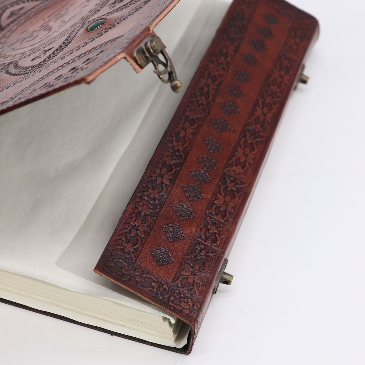 Handmade Leather-Bound - Brown - Chakra Stones and Dragon Mandala open with cream pages and an embossed leather flap by Quintessential Holistic Health Ltd