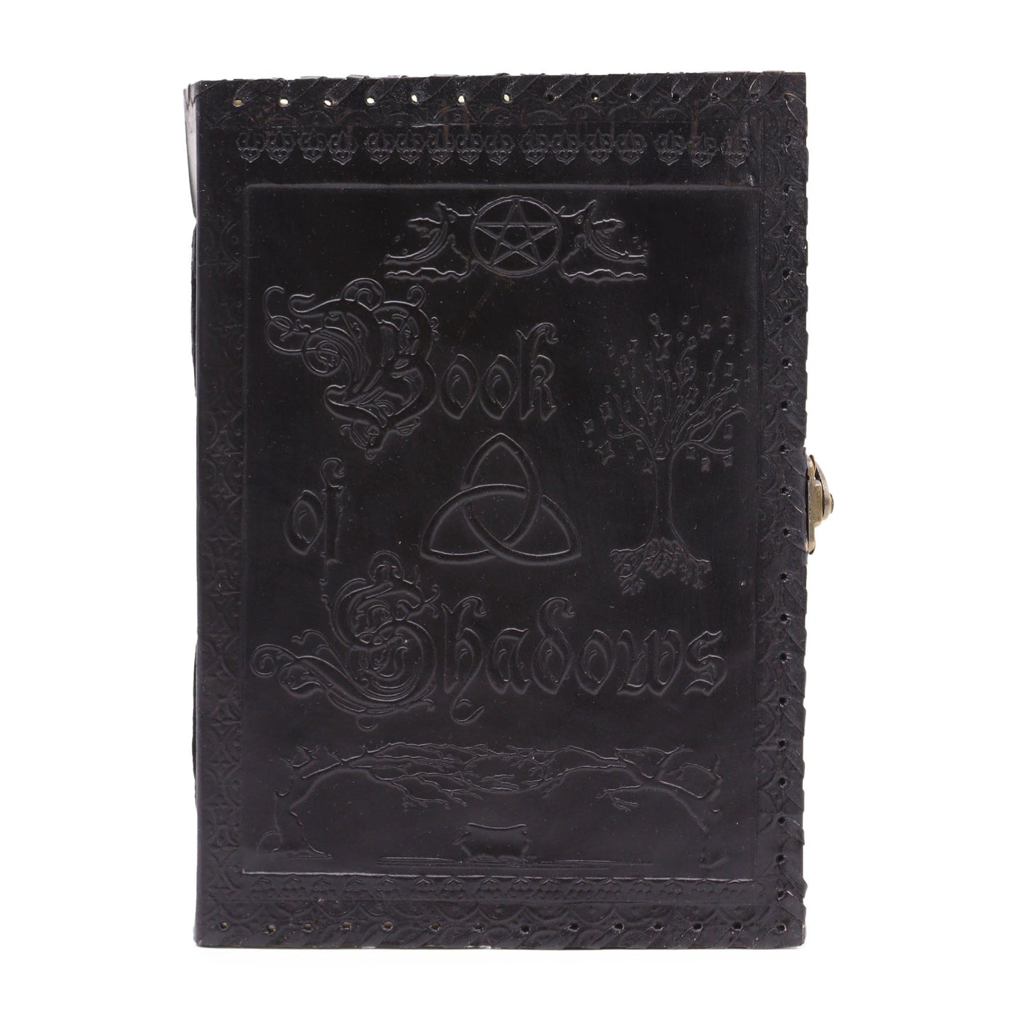 Handmade Leather-Bound Eco-Friendly Notebook with Metal Clasp - Extra Large / Black / Book of Shadows product packaging on clean background from Quintessential Holistic Health Ltd