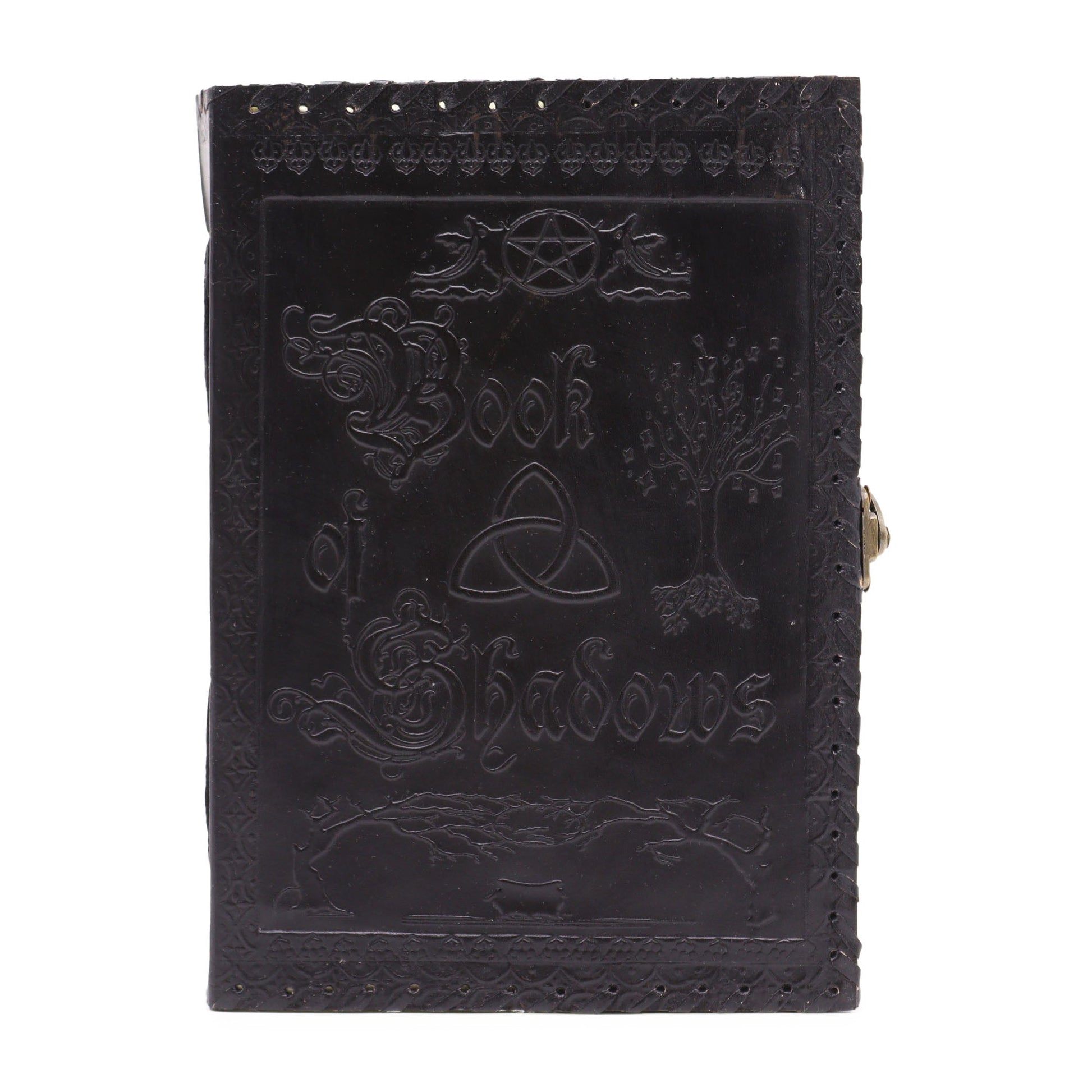 Handmade Leather-Bound Eco-Friendly Notebook with Metal Clasp - Extra Large / Black / Book of Shadows product packaging on clean background from Quintessential Holistic Health Ltd