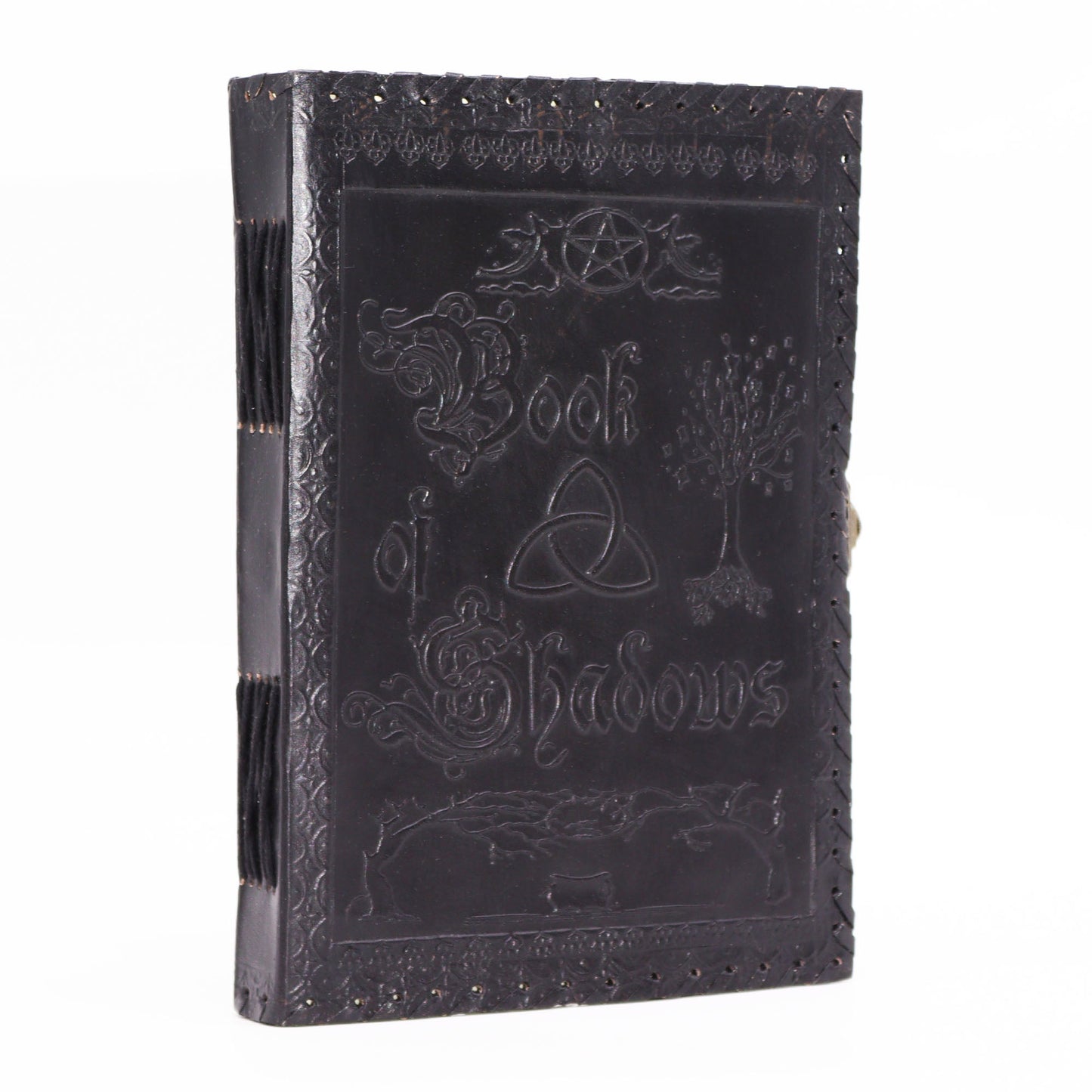 Handmade Leather-Bound Eco-Friendly Notebook with Metal Clasp - Extra Large / Black / Book of Shadows product packaging on clean background from Quintessential Holistic Health Ltd