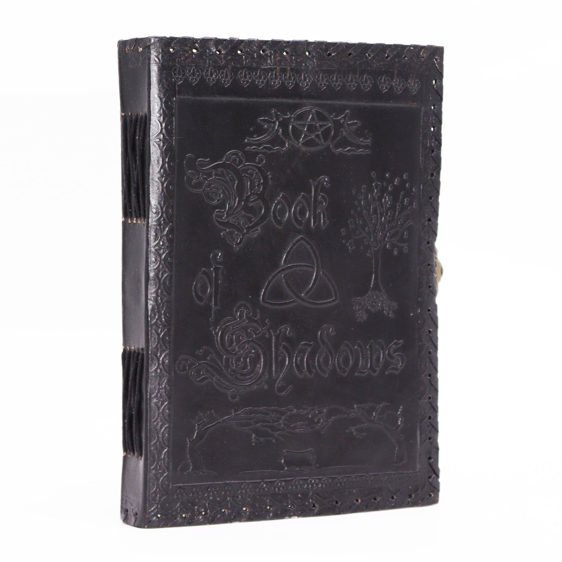 Handmade Leather-Bound Eco-Friendly Notebook with Metal Clasp - Extra Large / Black / Book of Shadows product packaging on clean background from Quintessential Holistic Health Ltd
