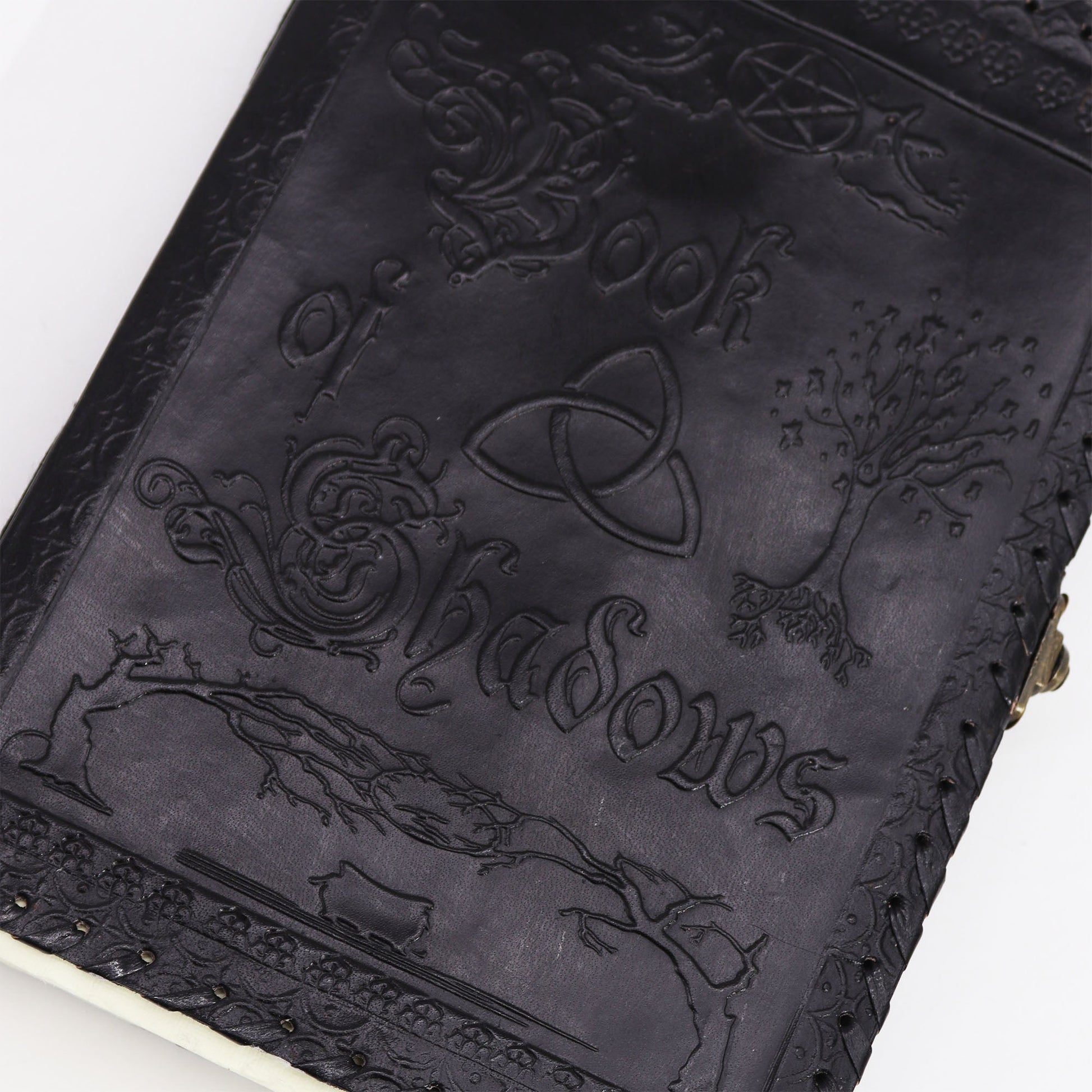 Handmade Leather-Bound Eco-Friendly Notebook with Metal Clasp - Extra Large / Black / Book of Shadows product packaging on clean background from Quintessential Holistic Health Ltd