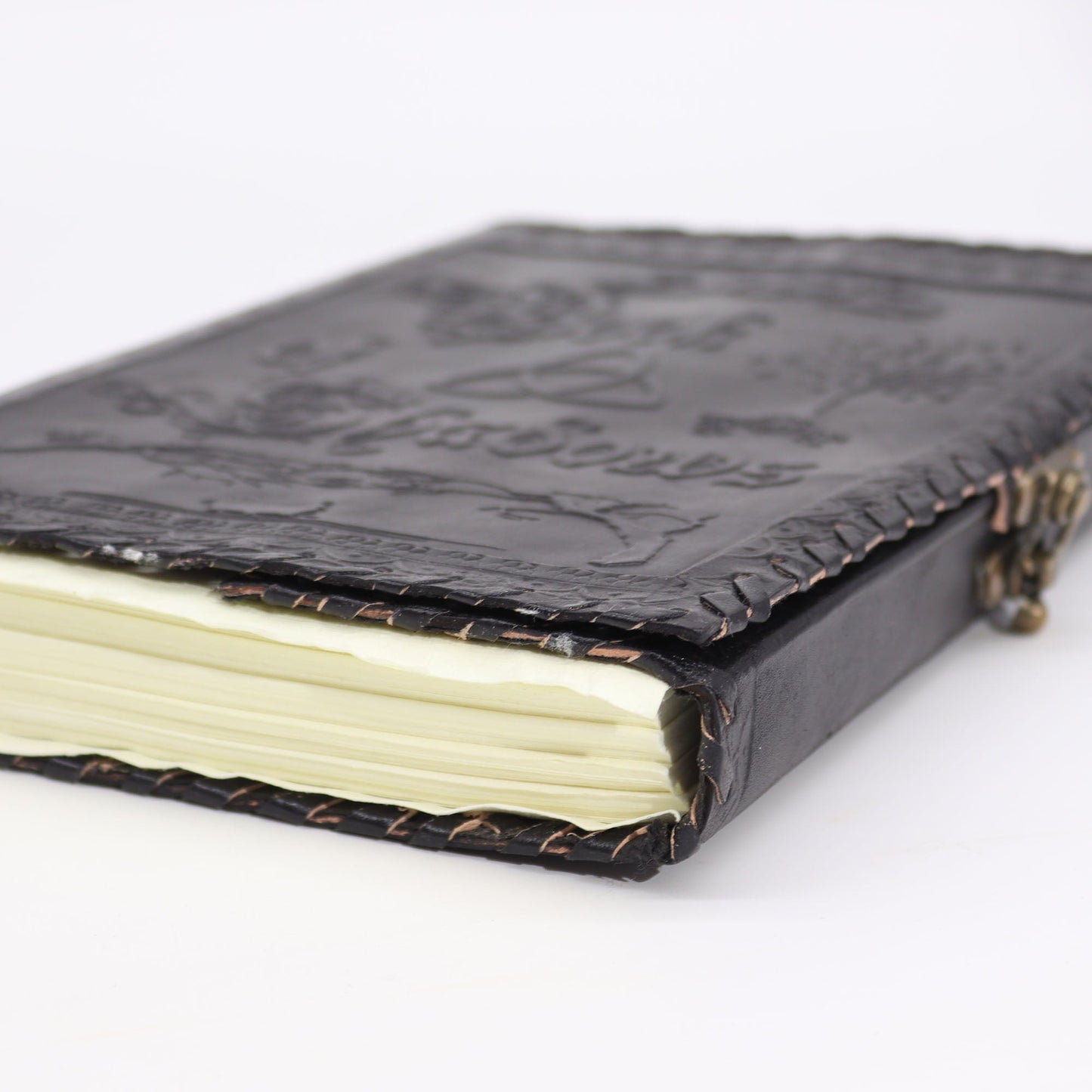 Handmade Leather-Bound Eco-Friendly Notebook with Metal Clasp - Extra Large / Black / Book of Shadows product packaging on clean background from Quintessential Holistic Health Ltd