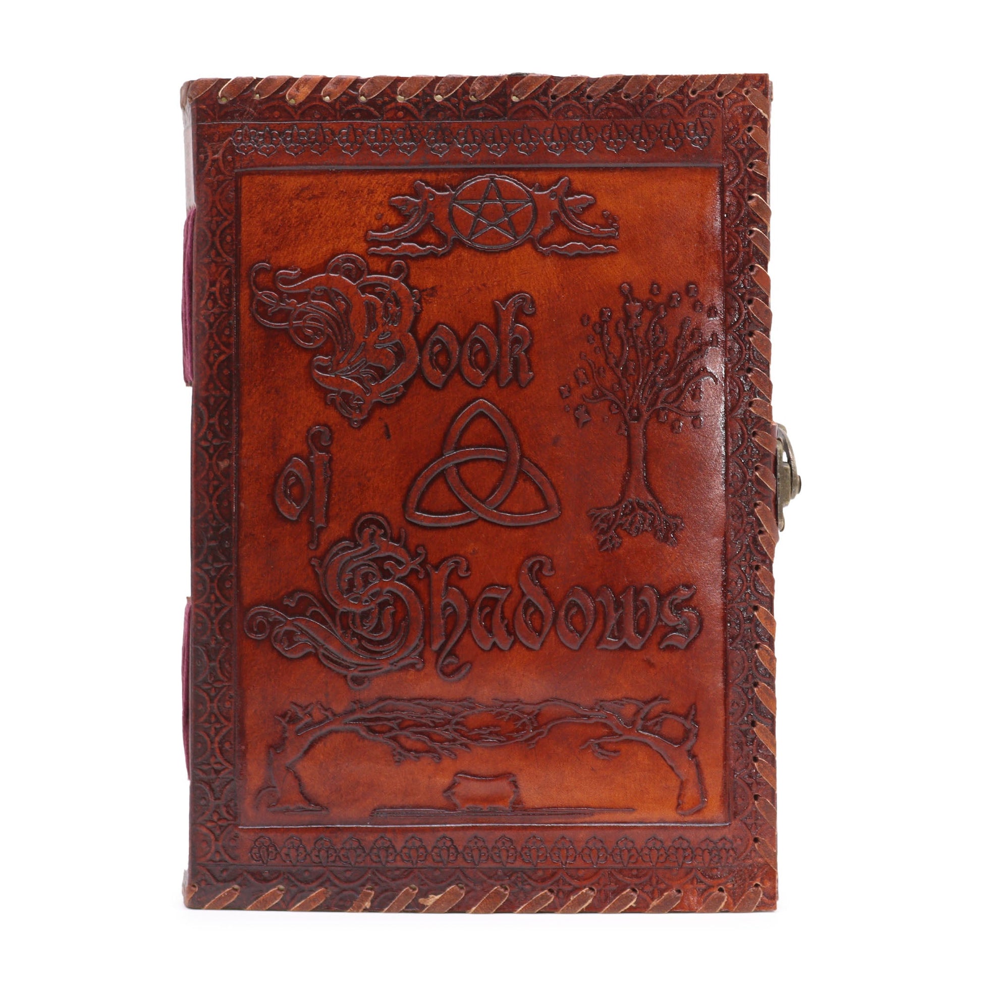 Handmade Leather-Bound Eco-Friendly Deckle Edged Journal with Metal Clasp - Extra Large / Brown / Book of Shadows product packaging on clean background from Quintessential Holistic Health Ltd