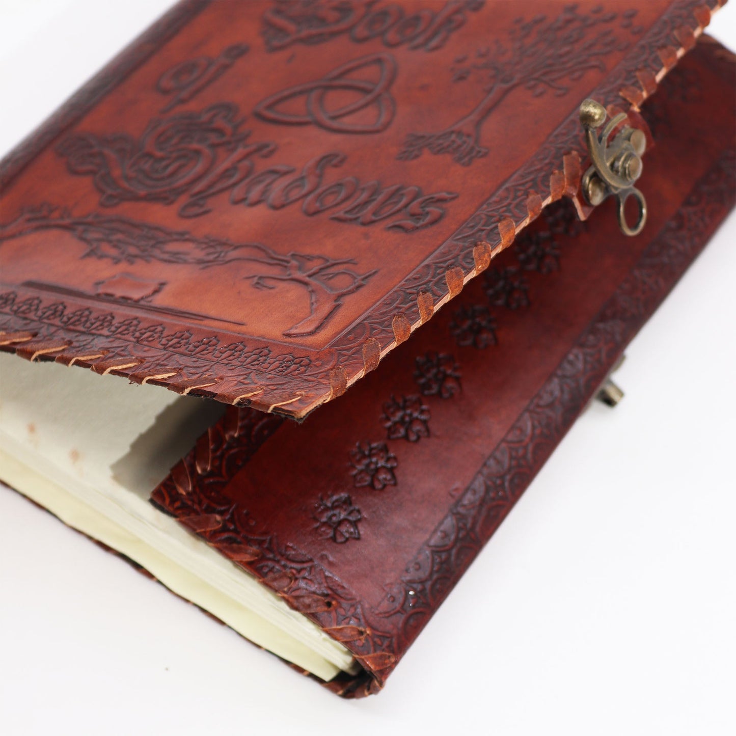 Handmade Leather-Bound Eco-Friendly Deckle Edged Journal with Metal Clasp - Extra Large / Brown / Book of Shadows product packaging on clean background from Quintessential Holistic Health Ltd