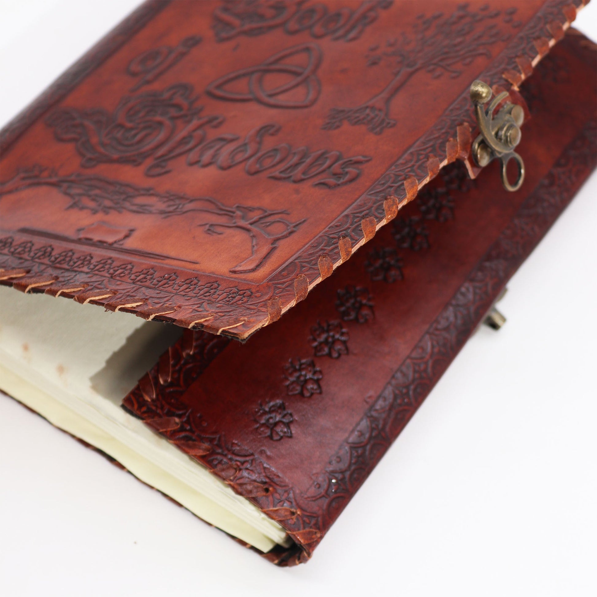 Handmade Leather-Bound Eco-Friendly Deckle Edged Journal with Metal Clasp - Extra Large / Brown / Book of Shadows product packaging on clean background from Quintessential Holistic Health Ltd