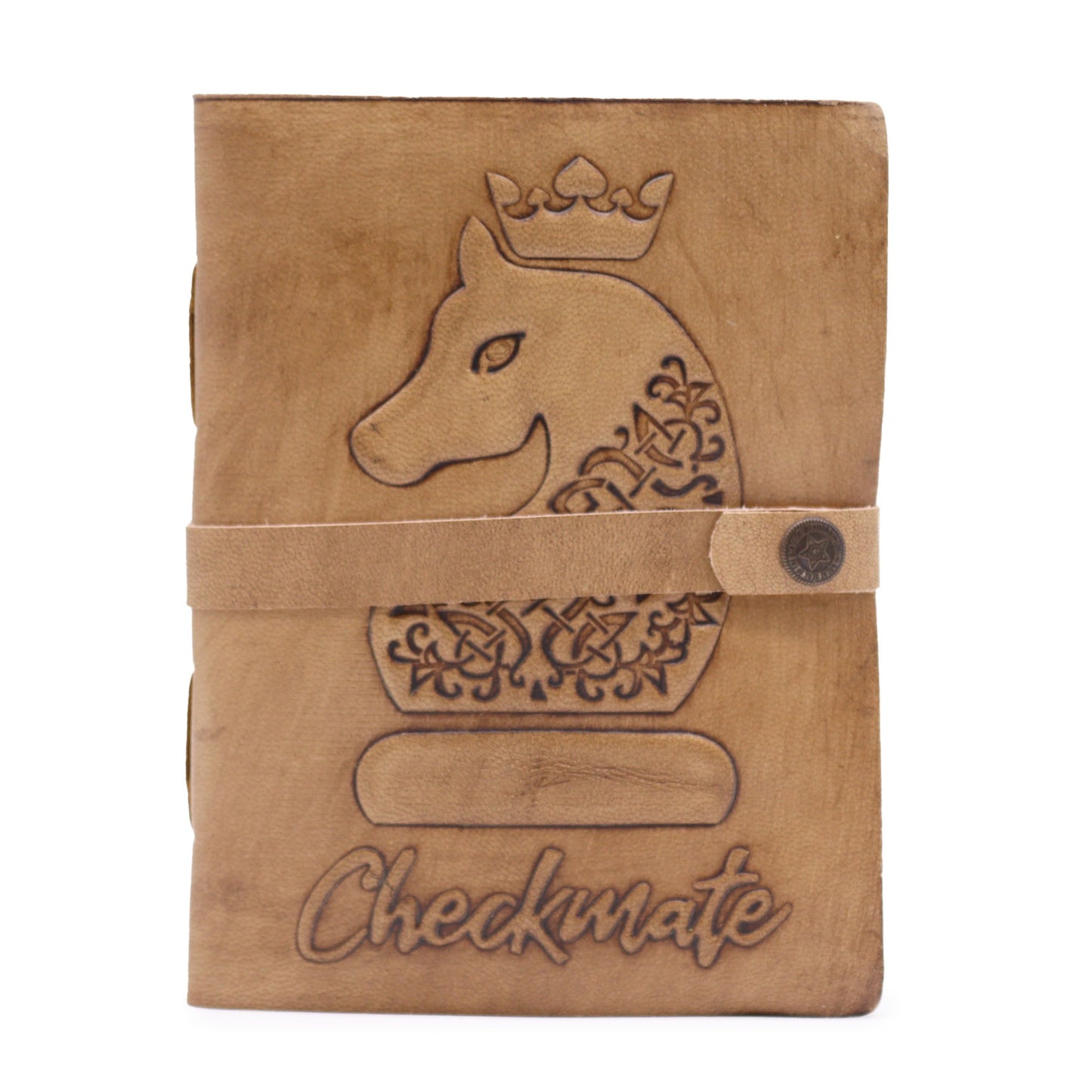 Handmade Leather-Bound Eco-Friendly Deckle - Large - Tan - Checkmate, closed tan journal with an embossed horse, crown and strap, by Quintessential Holistic Health Ltd