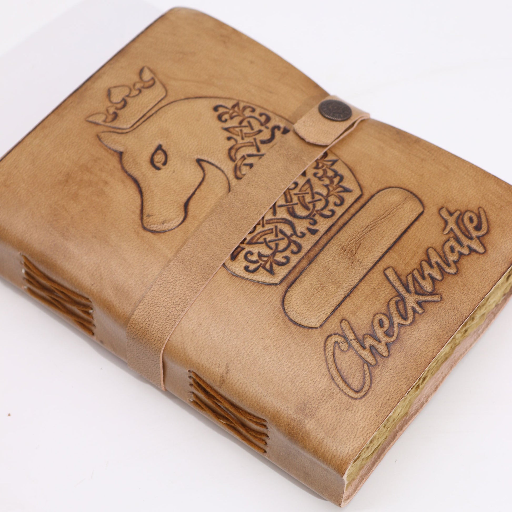 Handmade Leather-Bound Eco-Friendly Deckle - Large - Tan - Checkmate, tan journal with an embossed horse, floral motif, strap and stud, by Quintessential Holistic Health Ltd