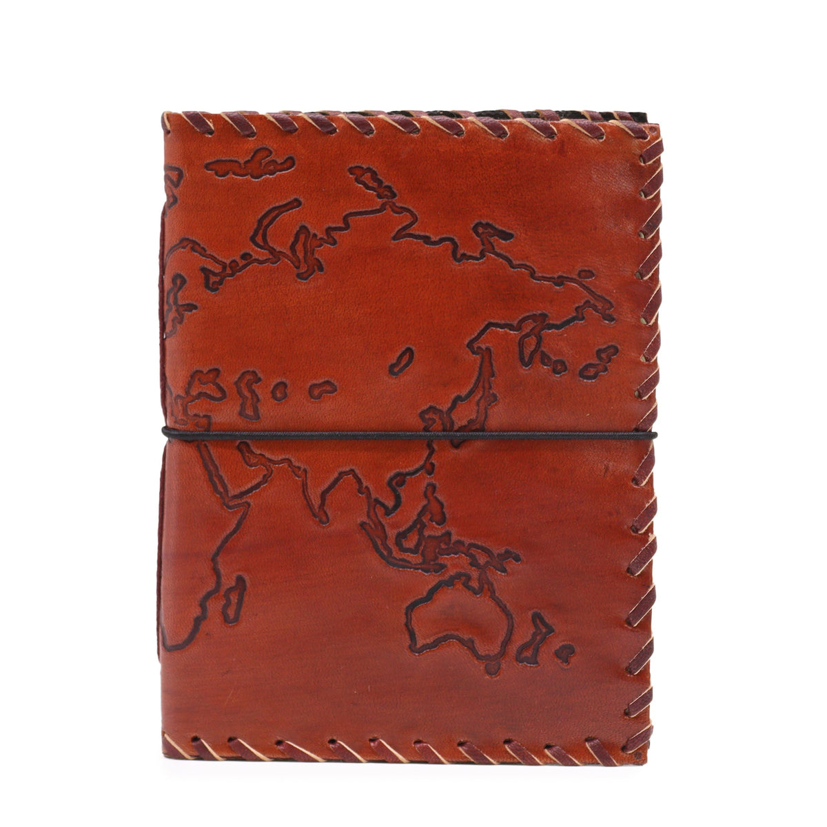 Handmade Leather-Bound Eco-Friendly - Medium - Burgundy - Map with map outline, stitched edging and black elastic closure by Quintessential Holistic Health Ltd
