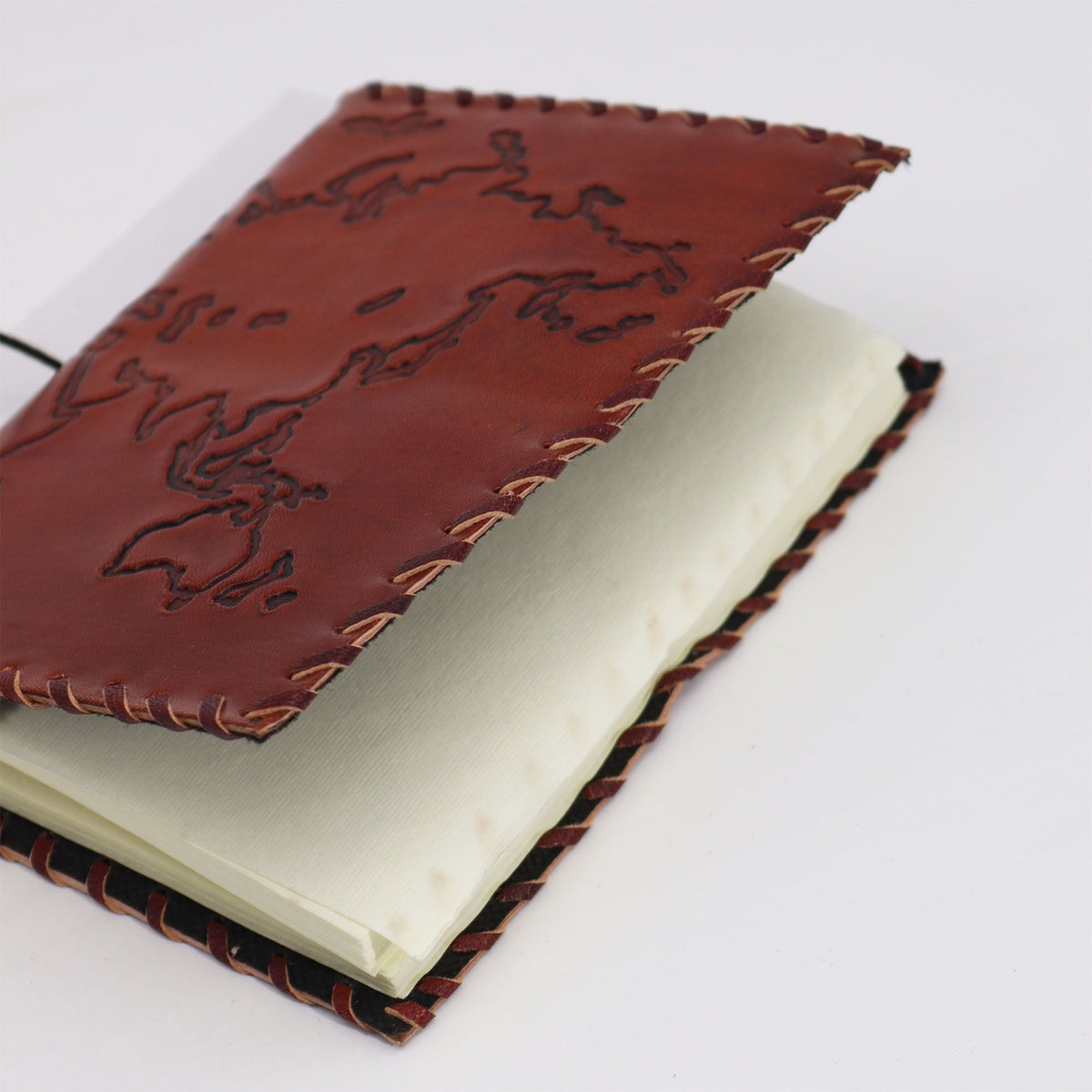 Handmade Leather-Bound Eco-Friendly - Medium - Burgundy - Map opened to show cream pages and its stitched cover by Quintessential Holistic Health Ltd