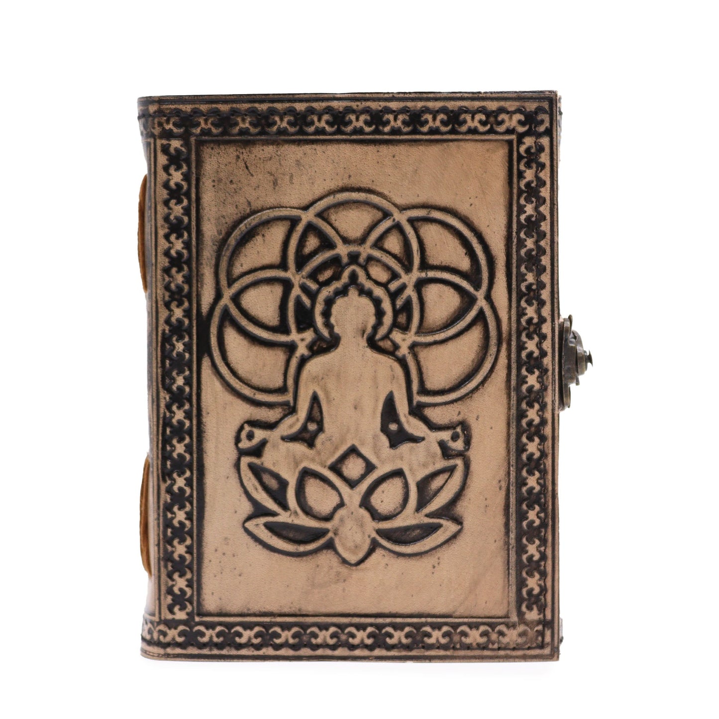 Medium Leather Notebook - Antique Grey & Tan - Buddha - 200 Pages, seated Buddha motif within an ornate border, by Quintessential Holistic Health Ltd