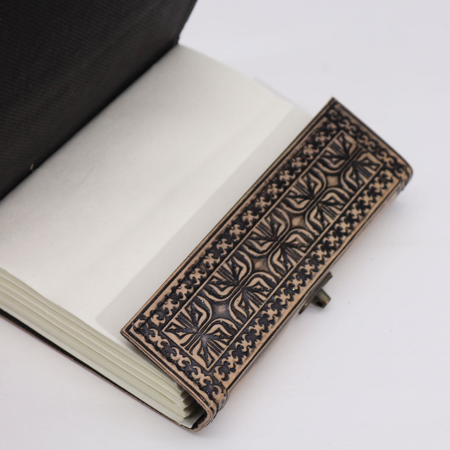 Medium Leather Notebook - Antique Grey & Tan - Buddha - 200 Pages, opened to blank pages and a patterned inner panel, by Quintessential Holistic Health Ltd