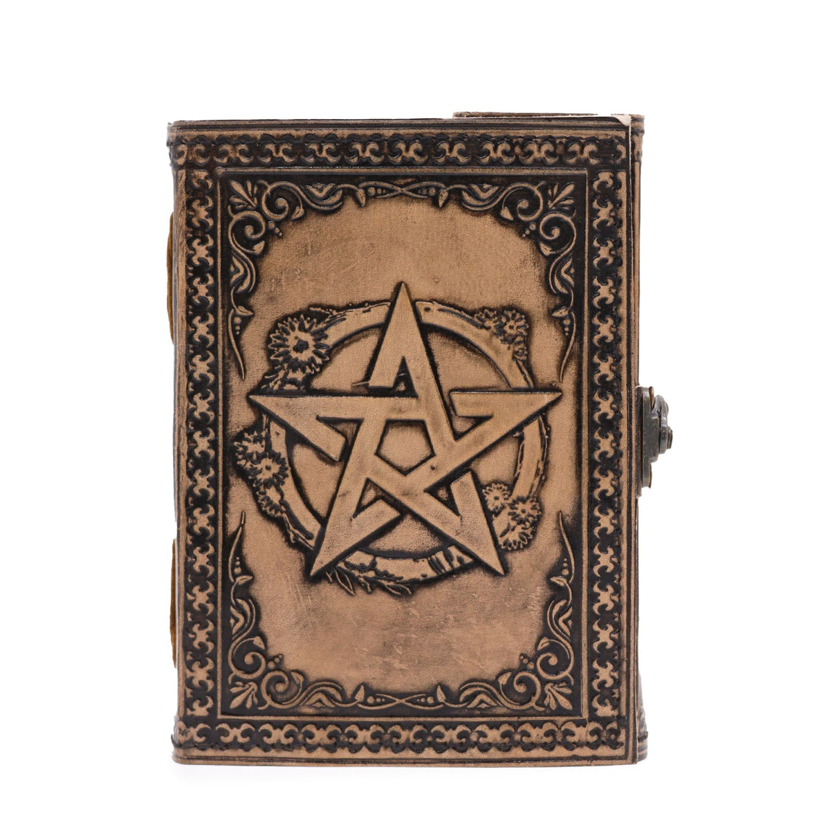 Handmade Leather-Bound Pentacle Notebook - Medium - Brown & Tan, with an embossed central pentacle and ornate border, by Quintessential Holistic Health Ltd