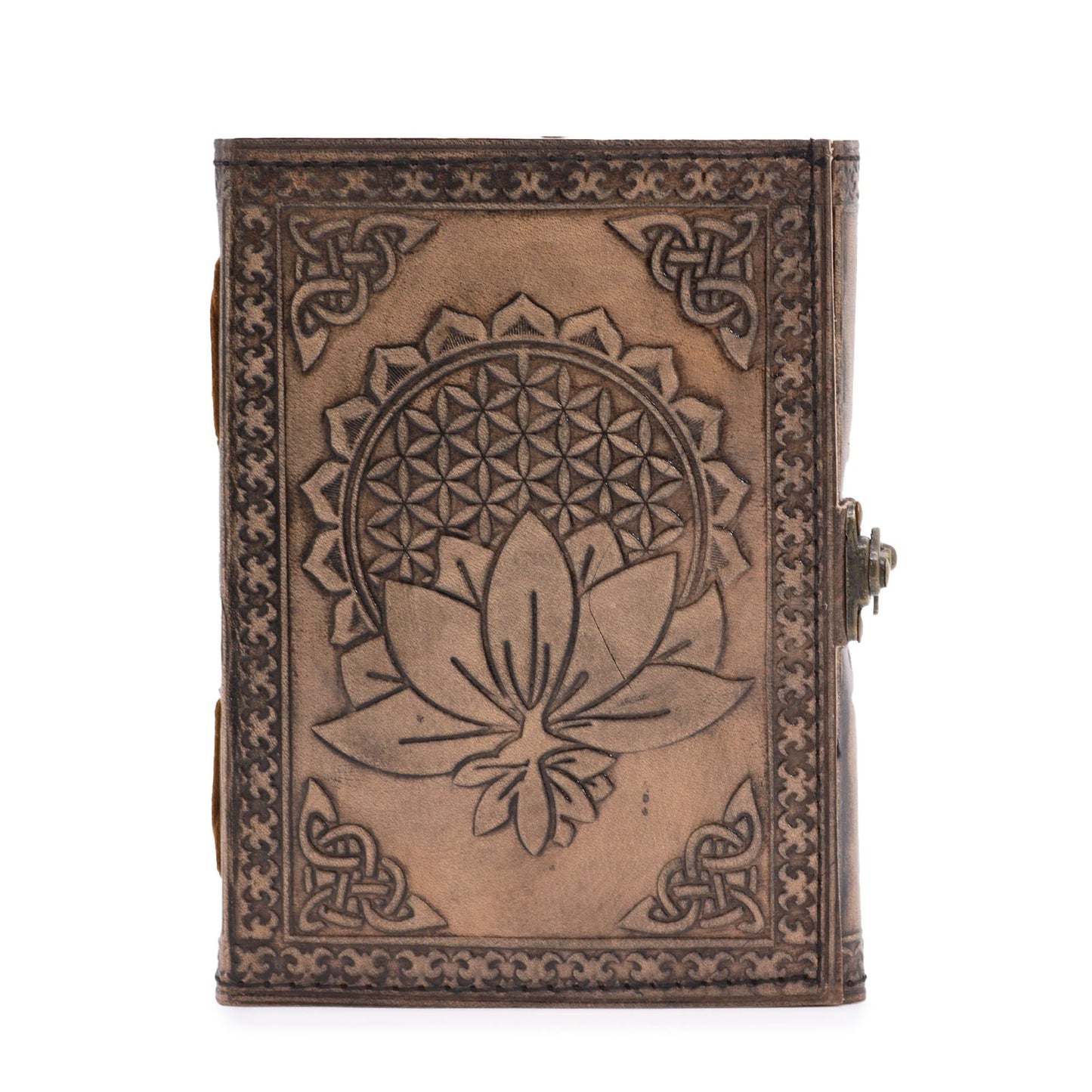 Handmade Leather-Bound Eco-Friendly Notebook with Metal Clasp - Medium / Brown and Tan / Lotus Mandala product packaging on clean background from Quintessential Holistic Health Ltd