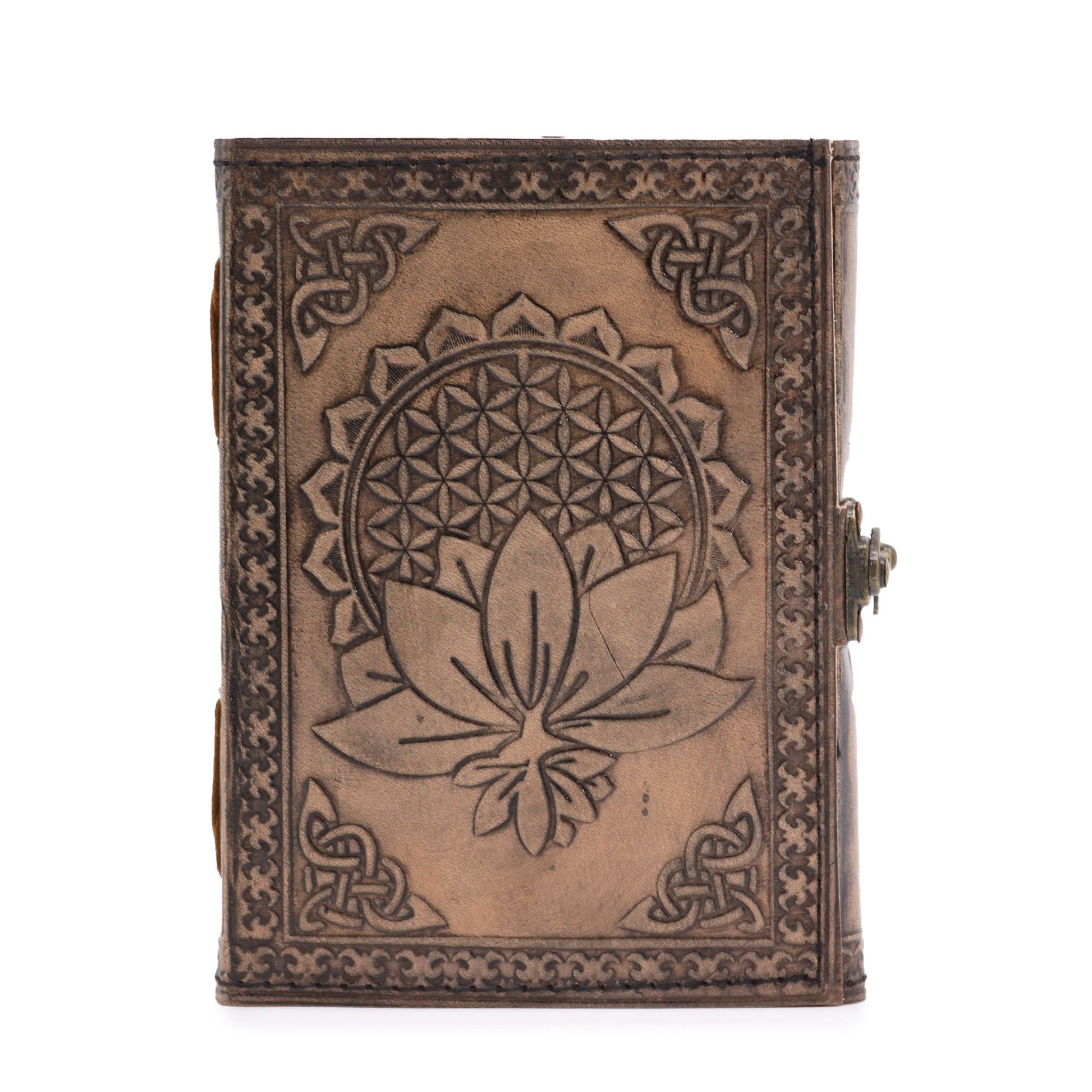 Handmade Leather-Bound Eco-Friendly Notebook with Metal Clasp - Medium / Brown and Tan / Lotus Mandala product packaging on clean background from Quintessential Holistic Health Ltd