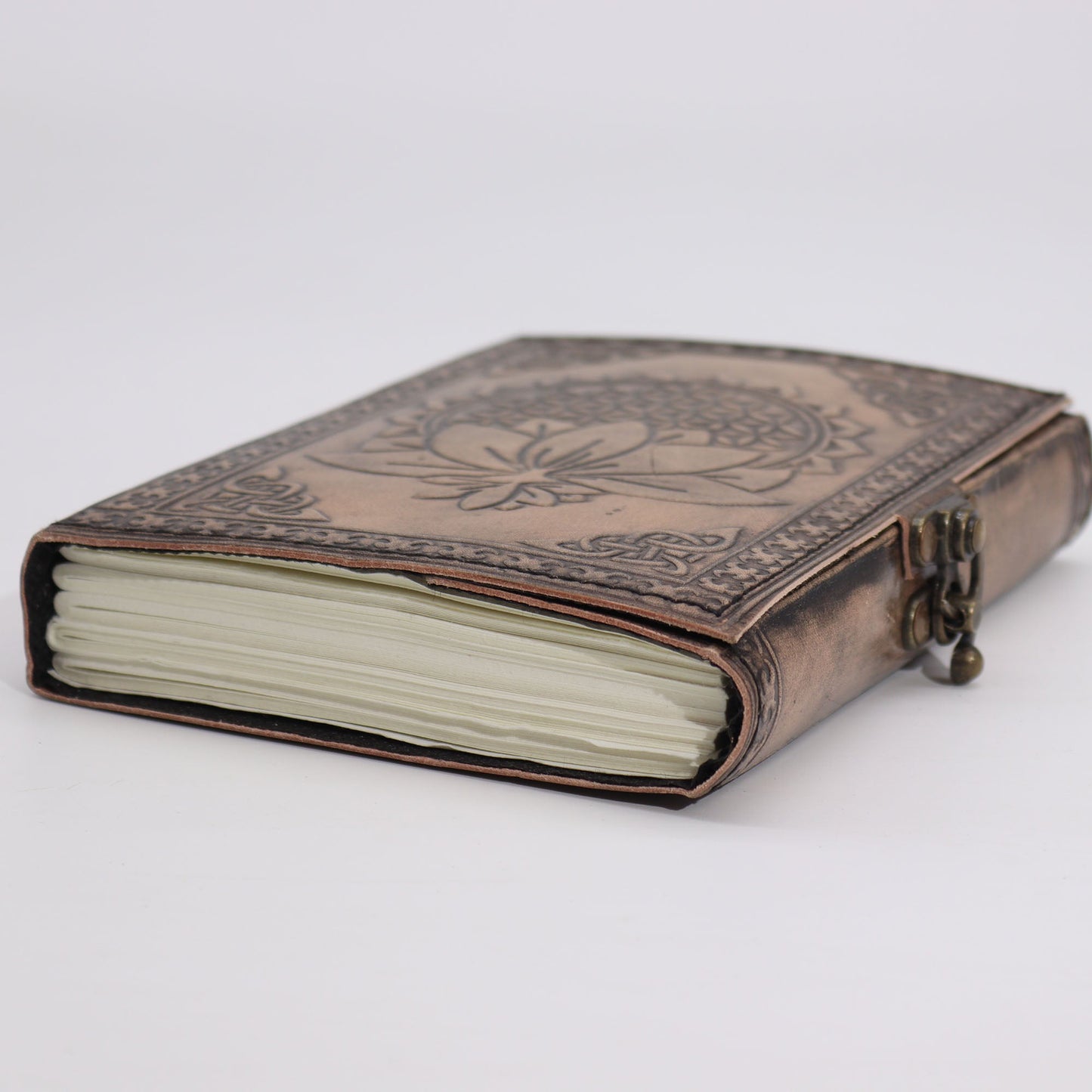 Handmade Leather-Bound Eco-Friendly Notebook with Metal Clasp - Medium / Brown and Tan / Lotus Mandala product packaging on clean background from Quintessential Holistic Health Ltd