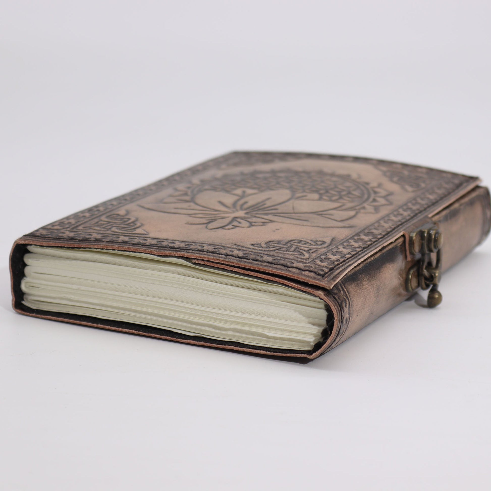 Handmade Leather-Bound Eco-Friendly Notebook with Metal Clasp - Medium / Brown and Tan / Lotus Mandala product packaging on clean background from Quintessential Holistic Health Ltd