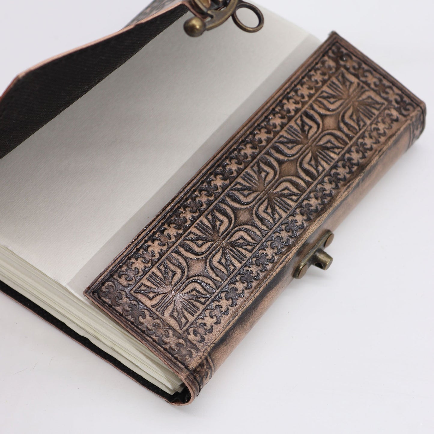 Handmade Leather-Bound Eco-Friendly Notebook with Metal Clasp - Medium / Brown and Tan / Lotus Mandala product packaging on clean background from Quintessential Holistic Health Ltd