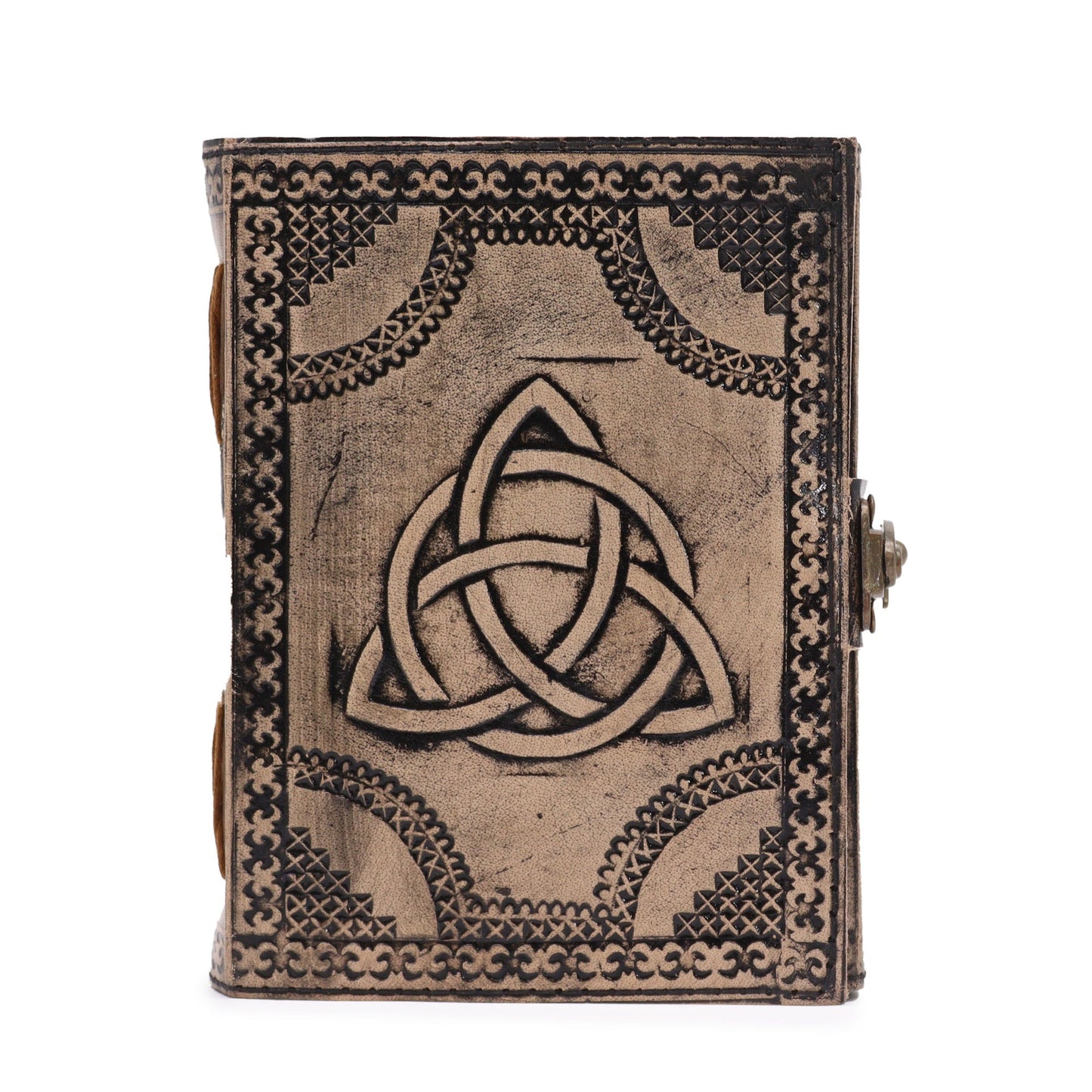 Handmade Leather-Bound Eco-Friendly Notebook with Metal Clasp - Medium / Antique Grey and Tan / Circle Triquetra product packaging on clean background from Quintessential Holistic Health Ltd