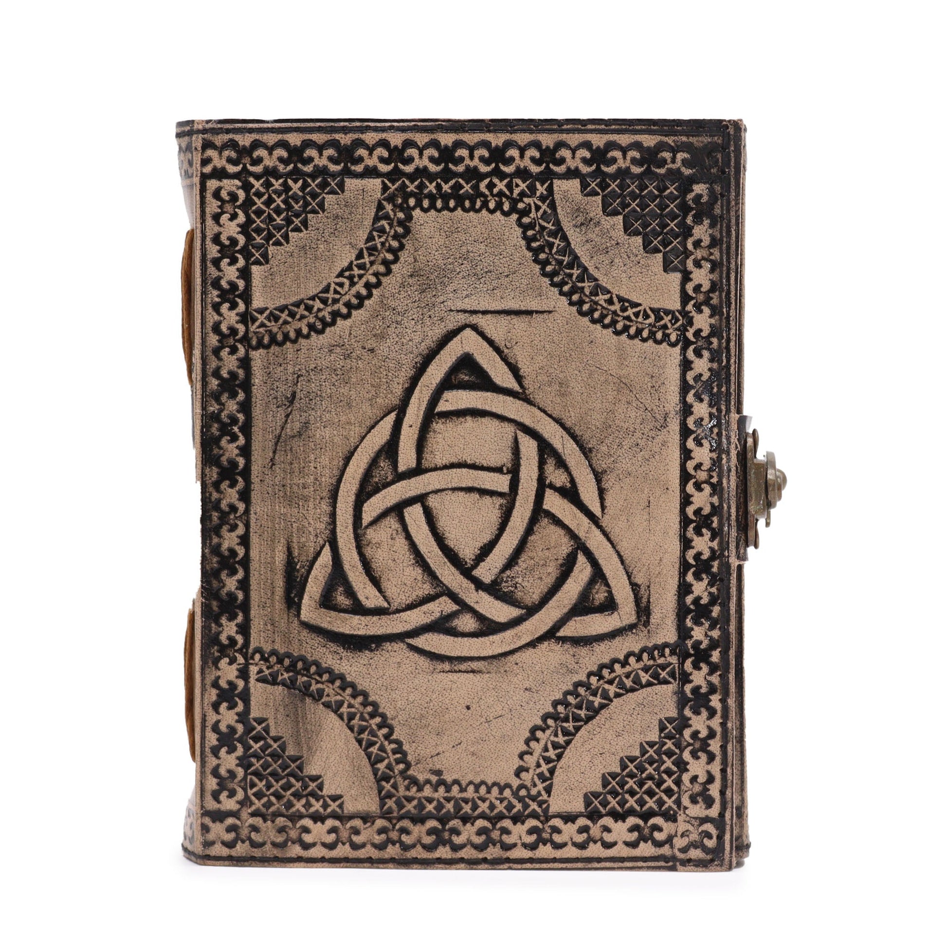 Handmade Leather-Bound Eco-Friendly Notebook with Metal Clasp - Medium / Antique Grey and Tan / Circle Triquetra product packaging on clean background from Quintessential Holistic Health Ltd