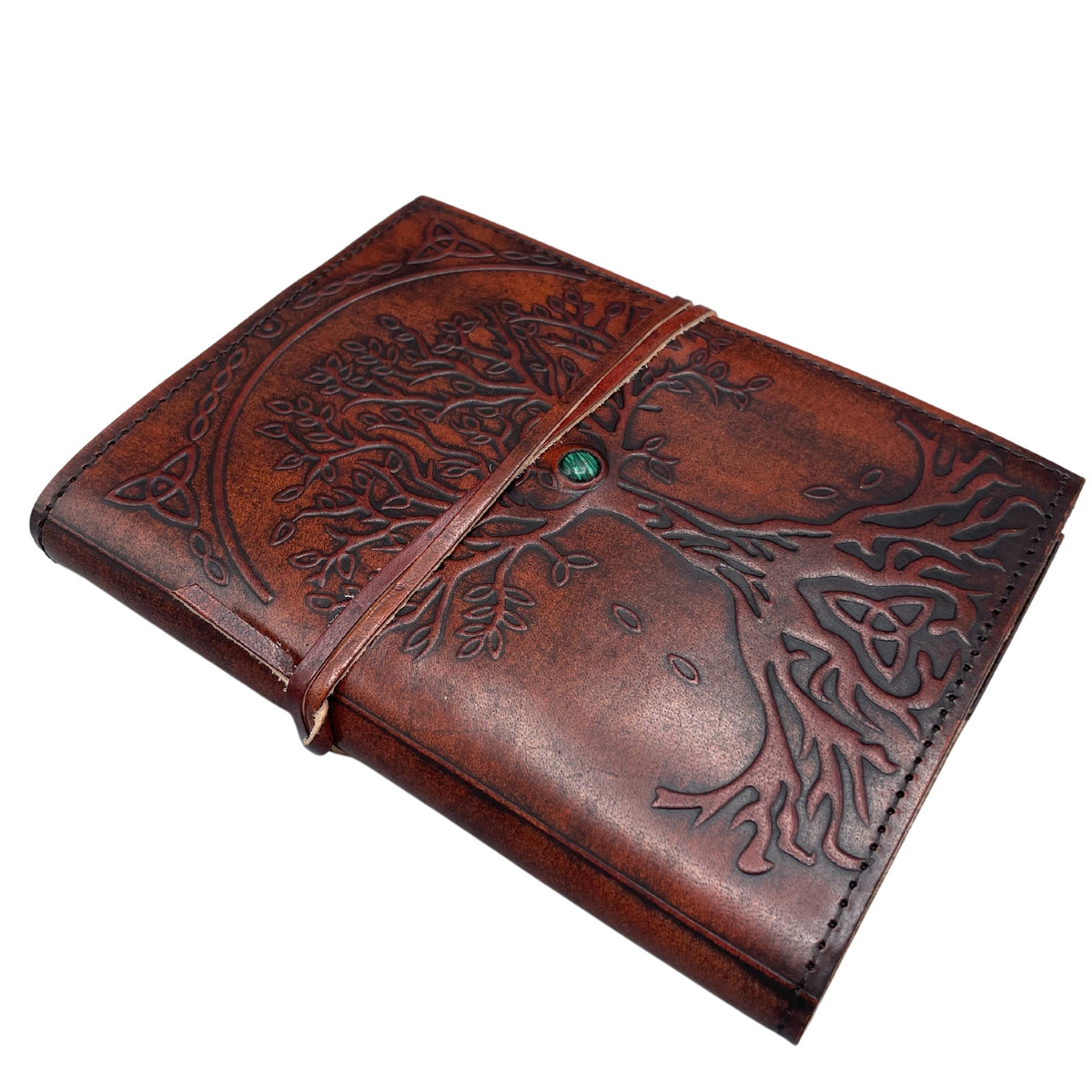 Handmade Leather-Bound Eco-Friendly - Medium - Brown - Tree of Life shown closed beneath its embossed wraparound flap by Quintessential Holistic Health Ltd