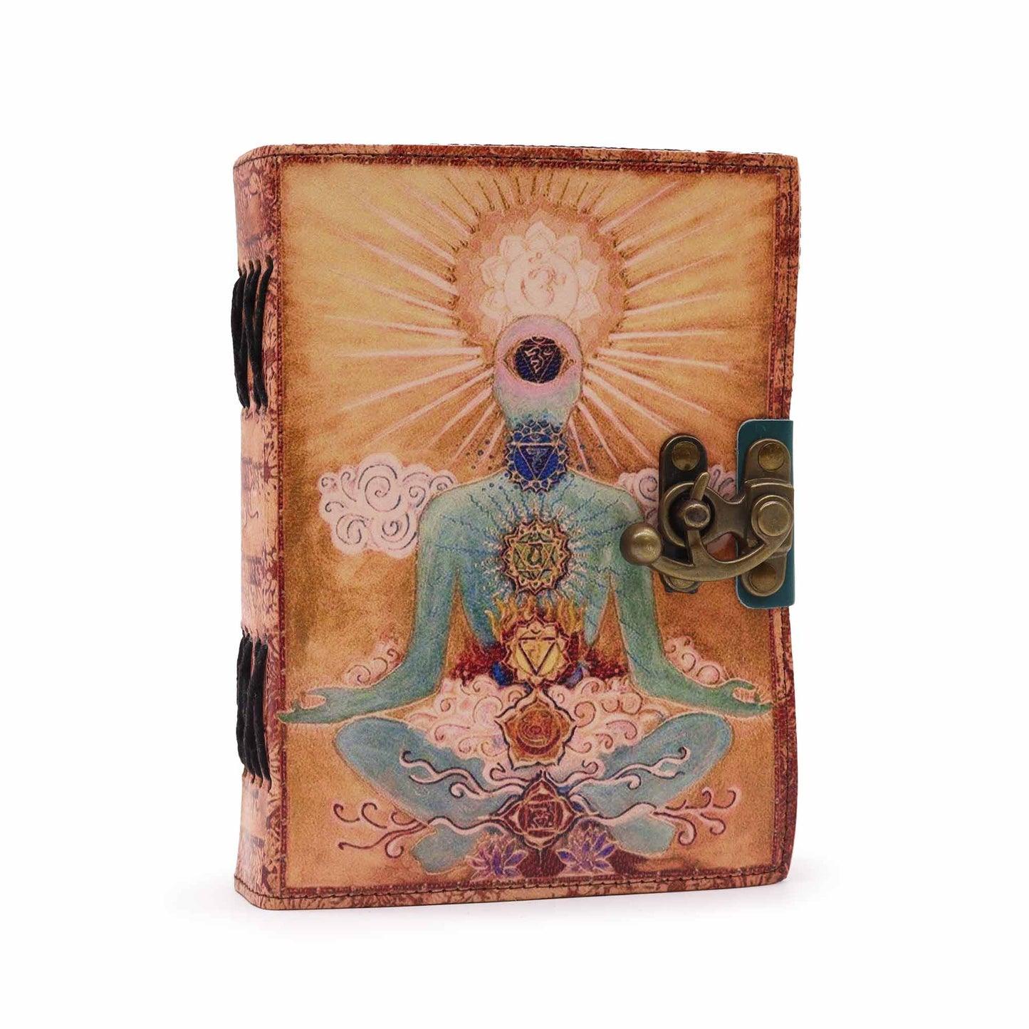 Handmade Leather-Bound Eco-Friendly Deckle Edged Notebook with Metal Clasp - Medium / Tan / Buddha and Seven Chakra product packaging on clean background from Quintessential Holistic Health Ltd