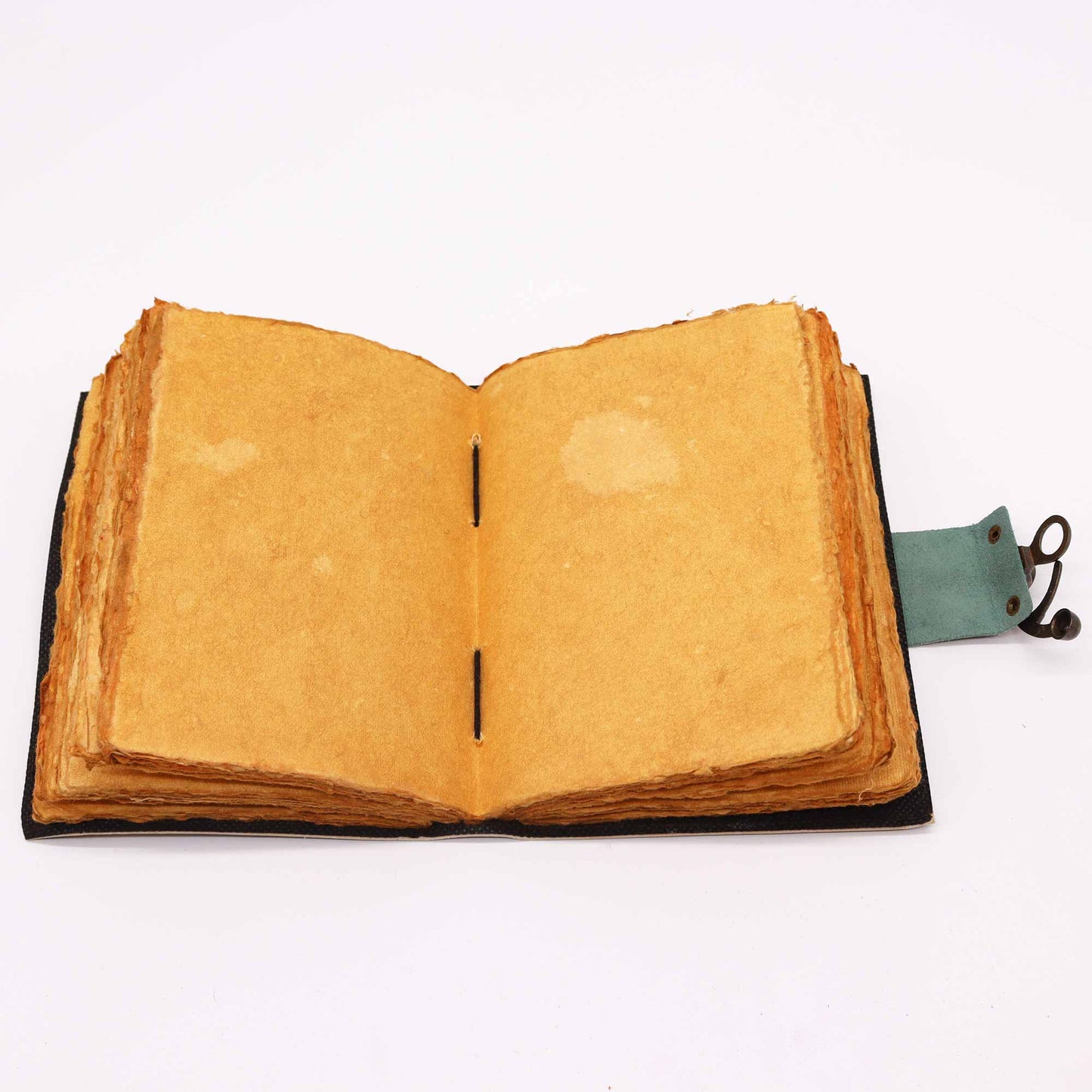 Handmade Leather-Bound Eco-Friendly Deckle Edged Notebook with Metal Clasp - Medium / Tan / Buddha and Seven Chakra product packaging on clean background from Quintessential Holistic Health Ltd