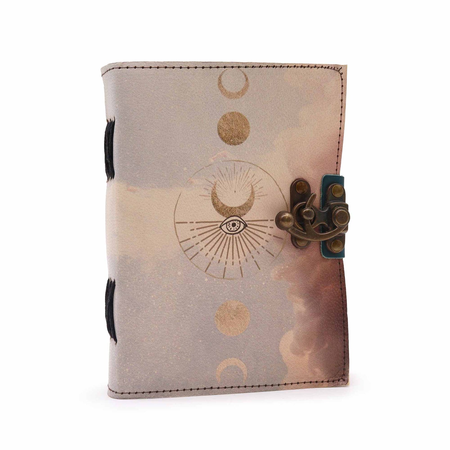 Handmade Leather-Bound Eco-Friendly Deckle Edged Notebook with Metal Clasp - Medium / Lilac Grey / Moon Phases product packaging on clean background from Quintessential Holistic Health Ltd