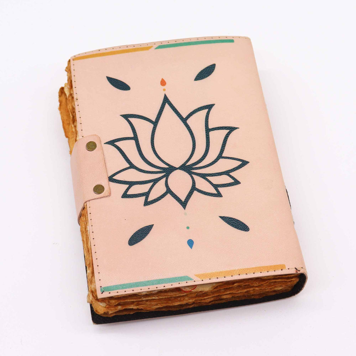 Leather Notebook – Medium Multicolour Seven Chakras, Deckle Edge, closed with a large outlined lotus motif and teal accents by Quintessential Holistic Health Ltd