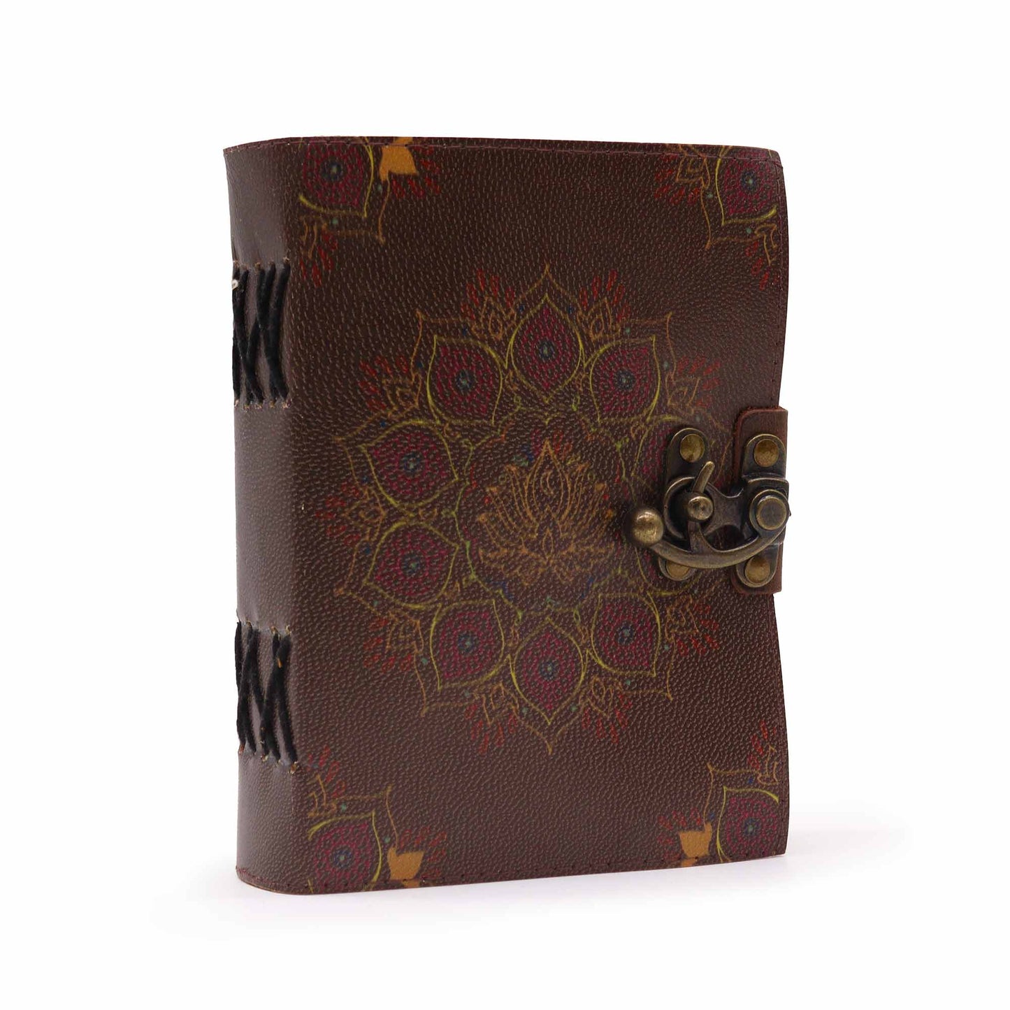 Handmade Leather-Bound Eco-Friendly Deckle Edged Notebook with Metal Clasp - Medium / Brown / Lotus Mandala product packaging on clean background from Quintessential Holistic Health Ltd