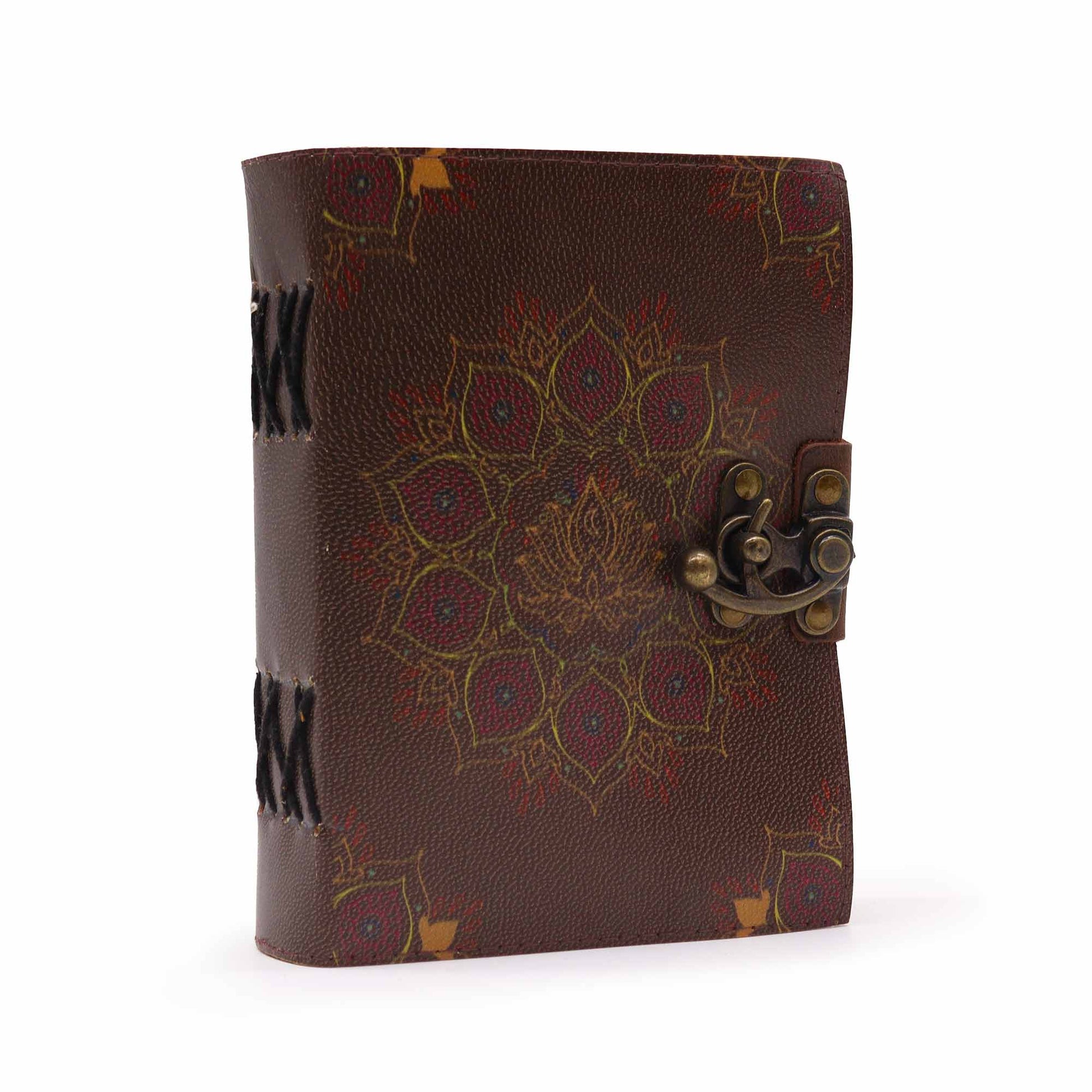 Handmade Leather-Bound Eco-Friendly Deckle Edged Notebook with Metal Clasp - Medium / Brown / Lotus Mandala product packaging on clean background from Quintessential Holistic Health Ltd