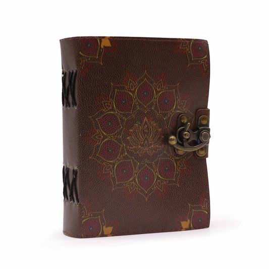 Handmade Leather-Bound Eco-Friendly Deckle Edged Notebook with Metal Clasp - Medium - Brown - Lotus Mandala - main product image from Quintessential Holistic Health Ltd UK