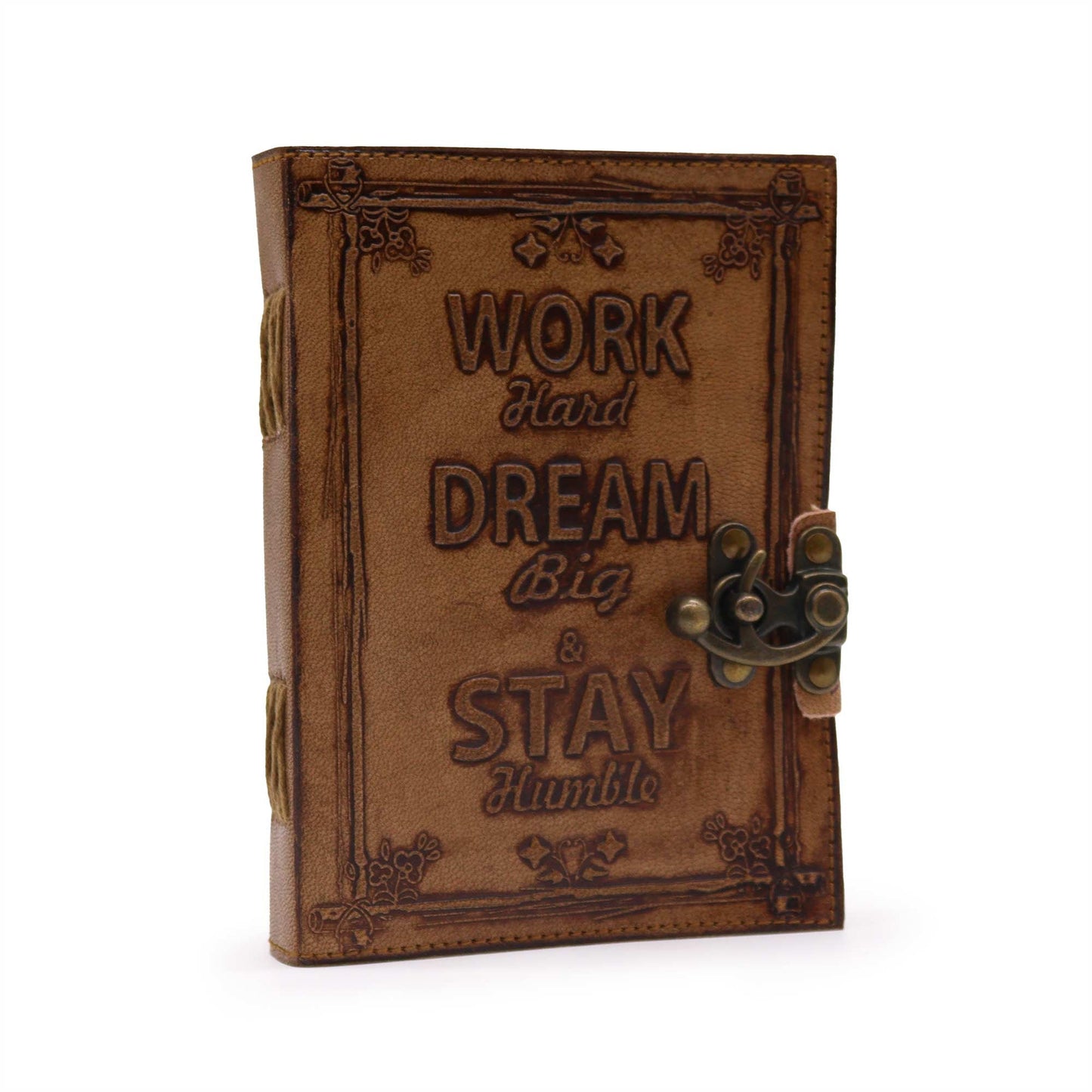 Handmade Leather-Bound Eco-Friendly Journal with Metal Clasp - Medium / Tan / Work and Dream Big product packaging on clean background from Quintessential Holistic Health Ltd