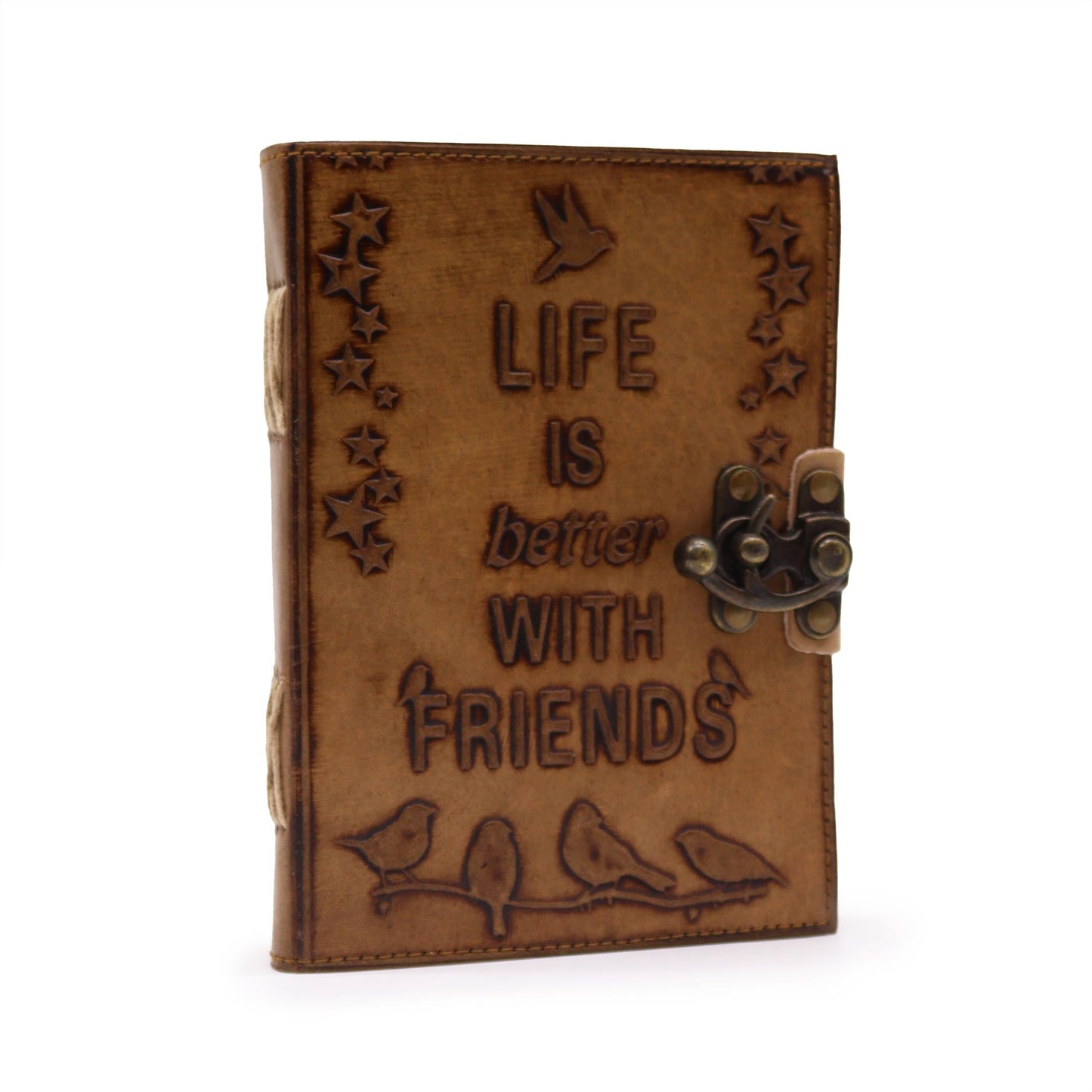 Handmade Leather-Bound Eco-Friendly Journal with Metal Clasp - Medium / Tan / Life is Better with Friends product packaging on clean background from Quintessential Holistic Health Ltd