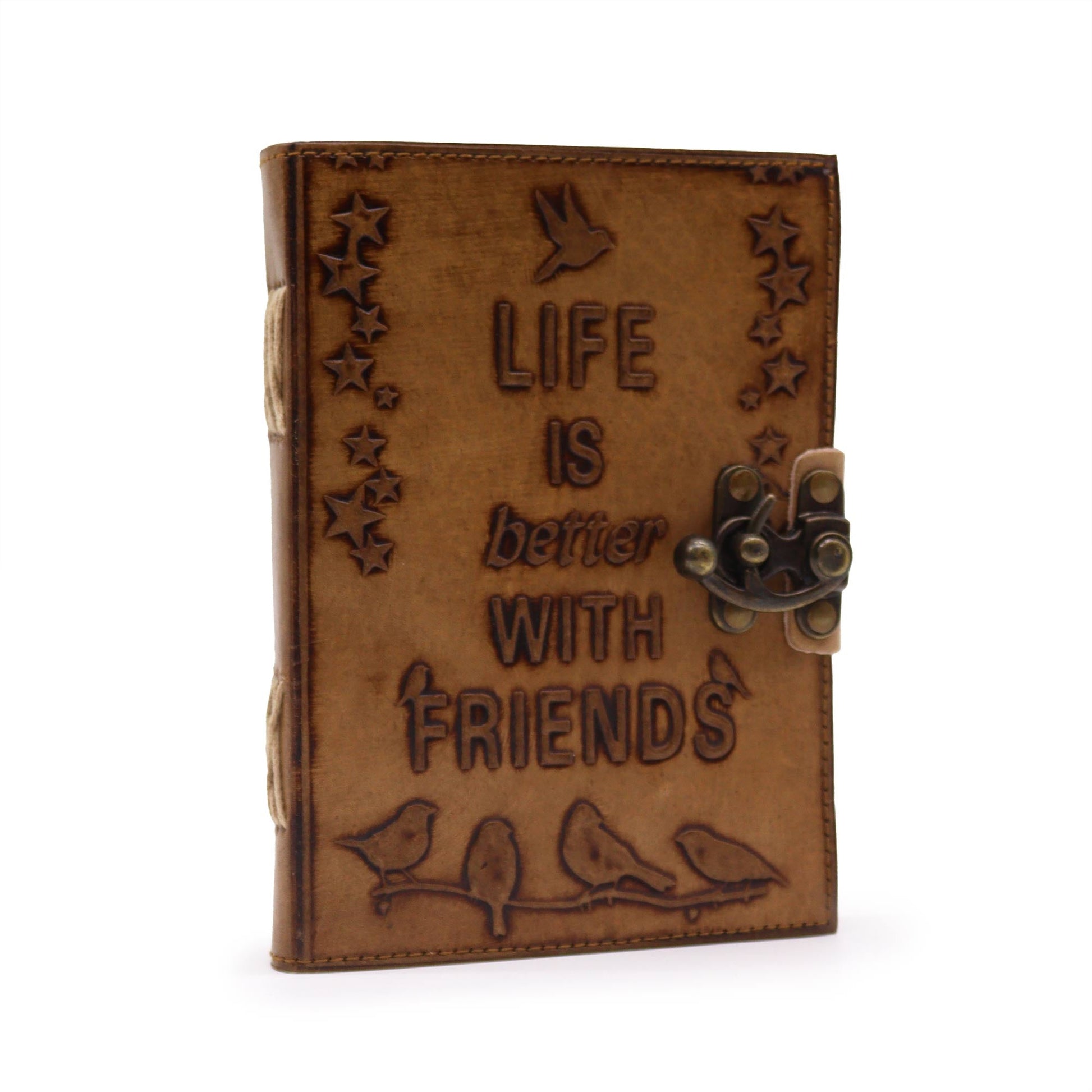 Handmade Leather-Bound Eco-Friendly Journal with Metal Clasp - Medium / Tan / Life is Better with Friends product packaging on clean background from Quintessential Holistic Health Ltd