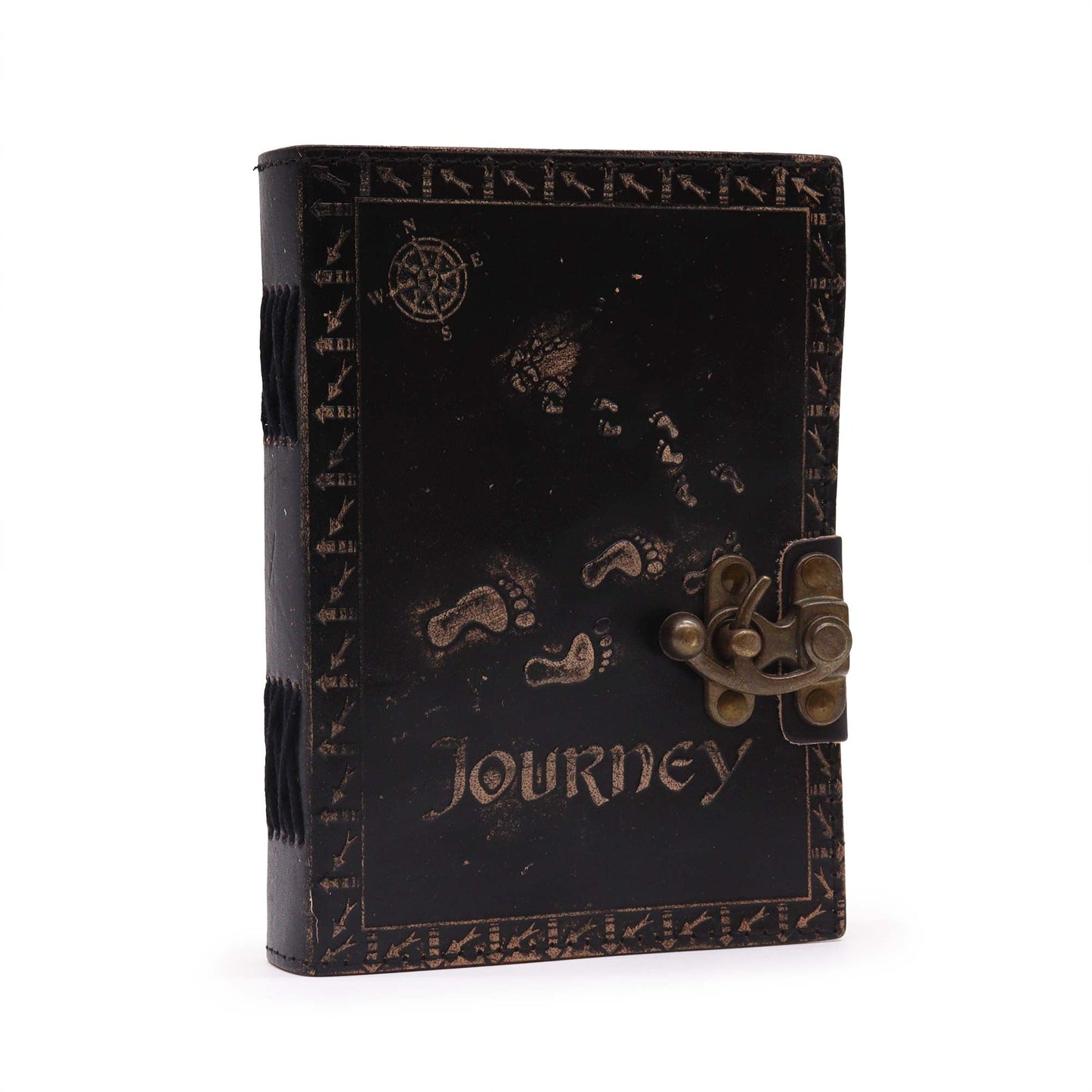 Handmade Leather-Bound Eco-Friendly Notebook with Metal Clasp - Medium / Dark Brown / Journey product packaging on clean background from Quintessential Holistic Health Ltd