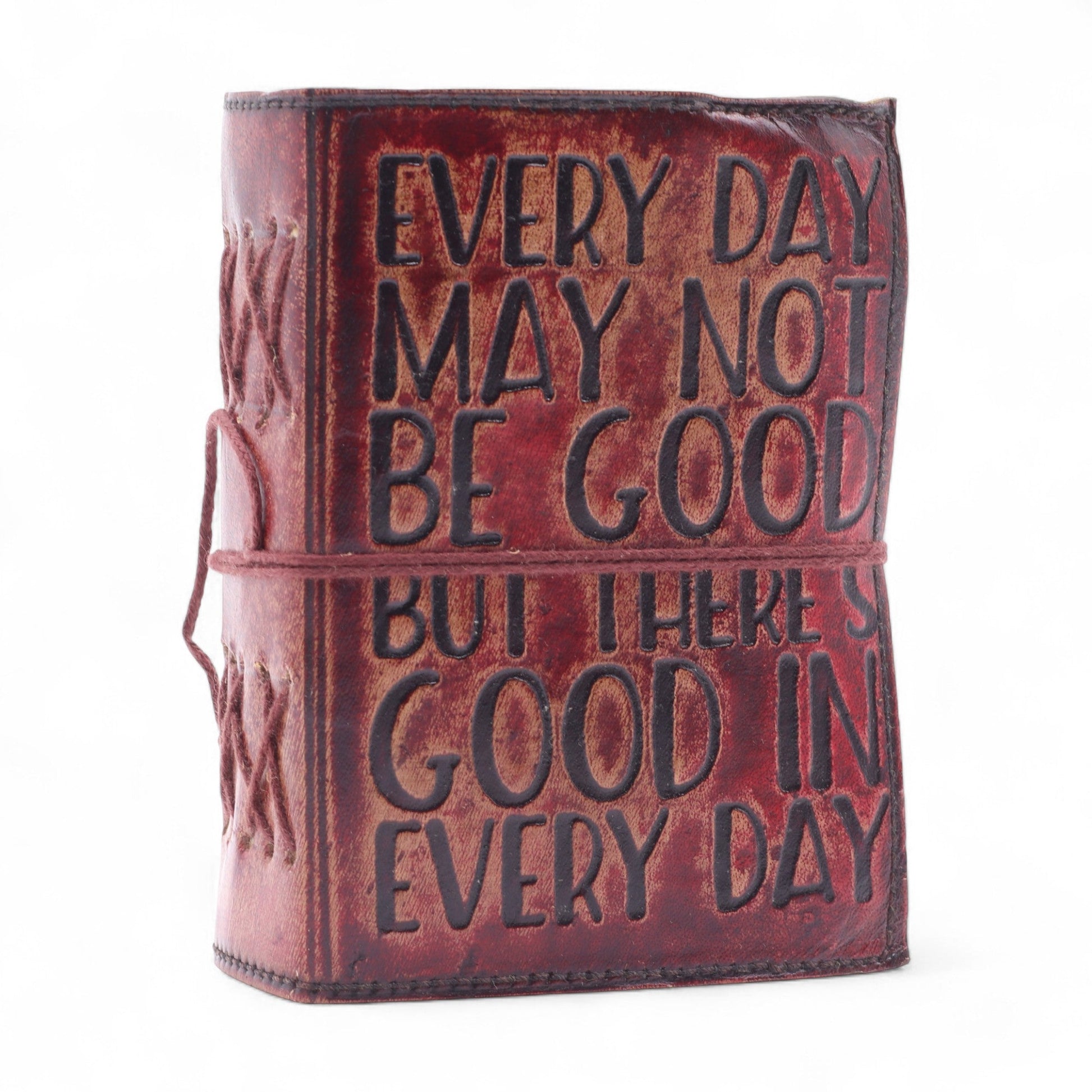 Small Brown Deckle-Edged Leather Wrap Journal - Good in Every Day with a reddish-brown cover, black lettering and wrap cord by Quintessential Holistic Health Ltd