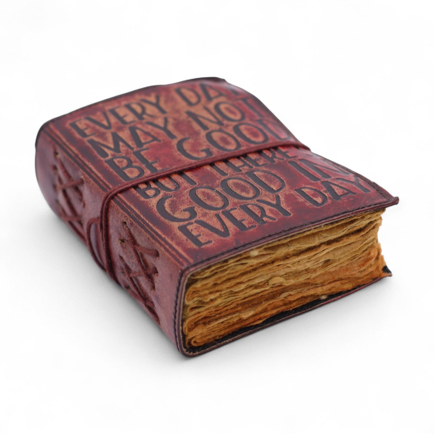 Small Brown Deckle-Edged Leather Wrap Journal - Good in Every Day showing the wrap cord and thick golden deckle-edged pages by Quintessential Holistic Health Ltd