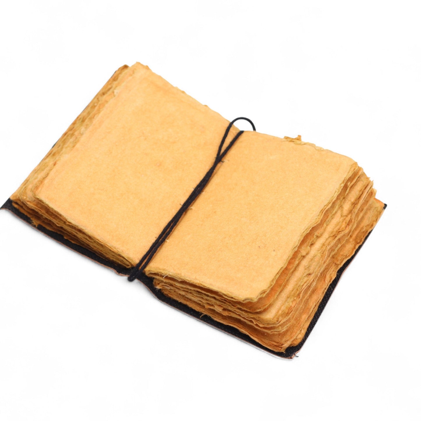 Small Black and Tan Leather Journal - The Stories I Tell Myself open to blank deckle-edged pages with a black wrap cord by Quintessential Holistic Health Ltd