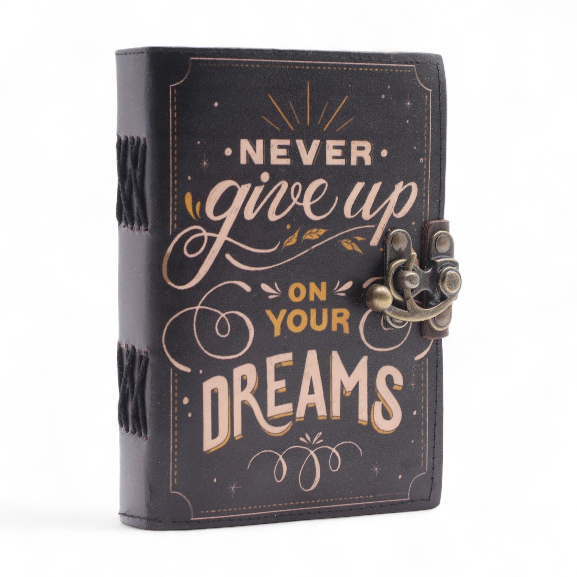 Handmade Leather-Bound Eco-Friendly Journal with Metal Clasp – Medium / Black / Never Give Up On Your Dreams product packaging on clean background from Quintessential Holistic Health Ltd