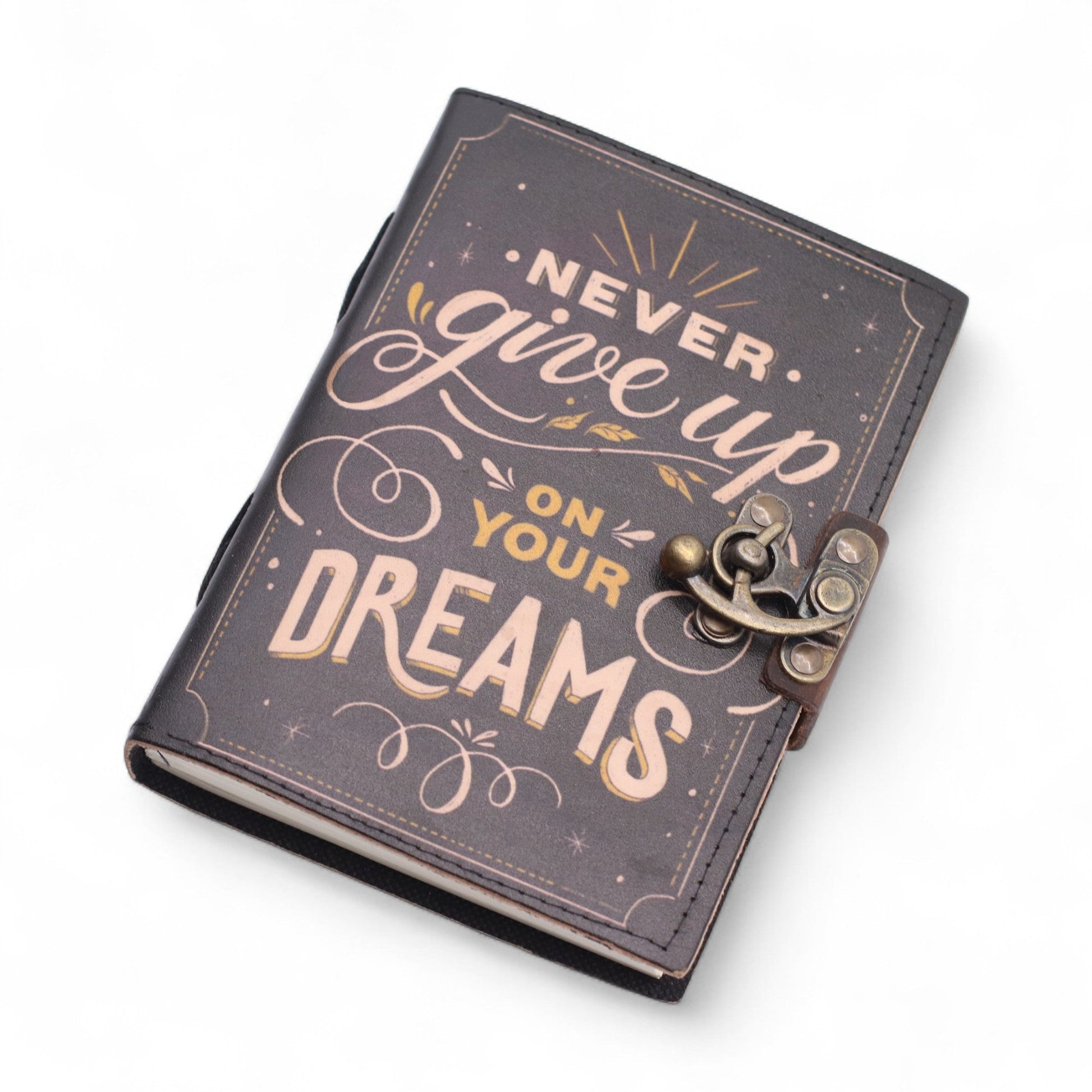 Handmade Leather-Bound Eco-Friendly Journal with Metal Clasp – Medium / Black / Never Give Up On Your Dreams product packaging on clean background from Quintessential Holistic Health Ltd