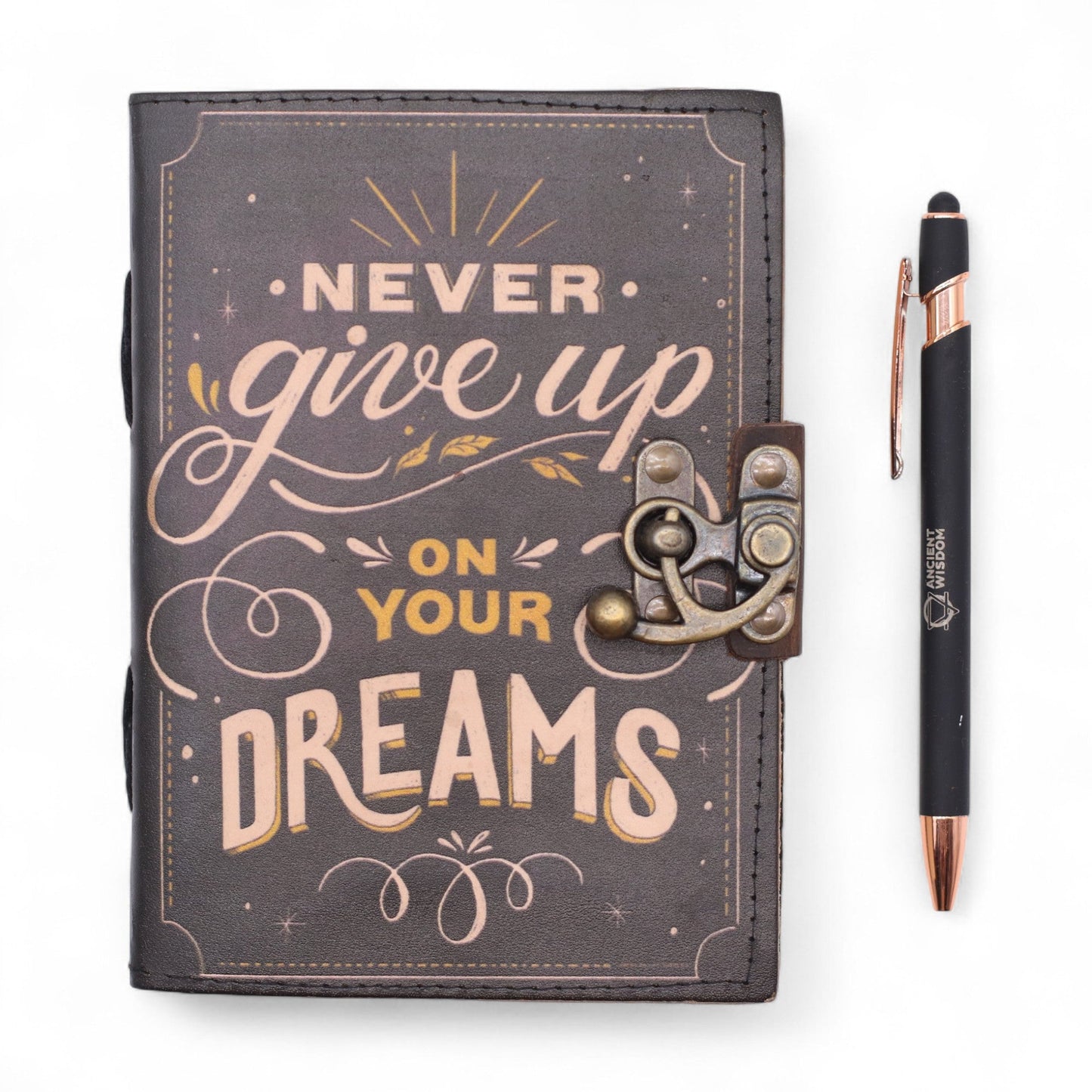 Handmade Leather-Bound Eco-Friendly Journal with Metal Clasp – Medium / Black / Never Give Up On Your Dreams product packaging on clean background from Quintessential Holistic Health Ltd
